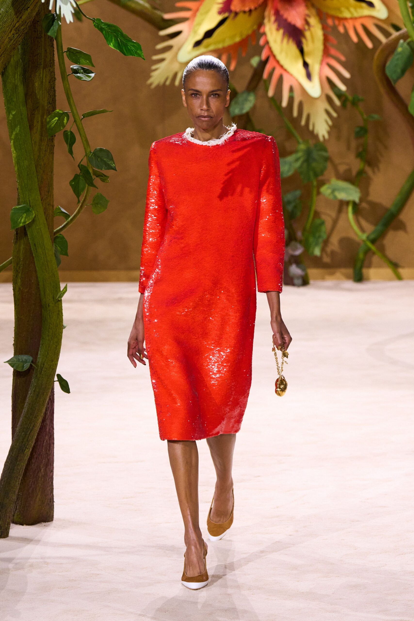 red sequin long-sleeve collared fitted straight-leg shiny dress