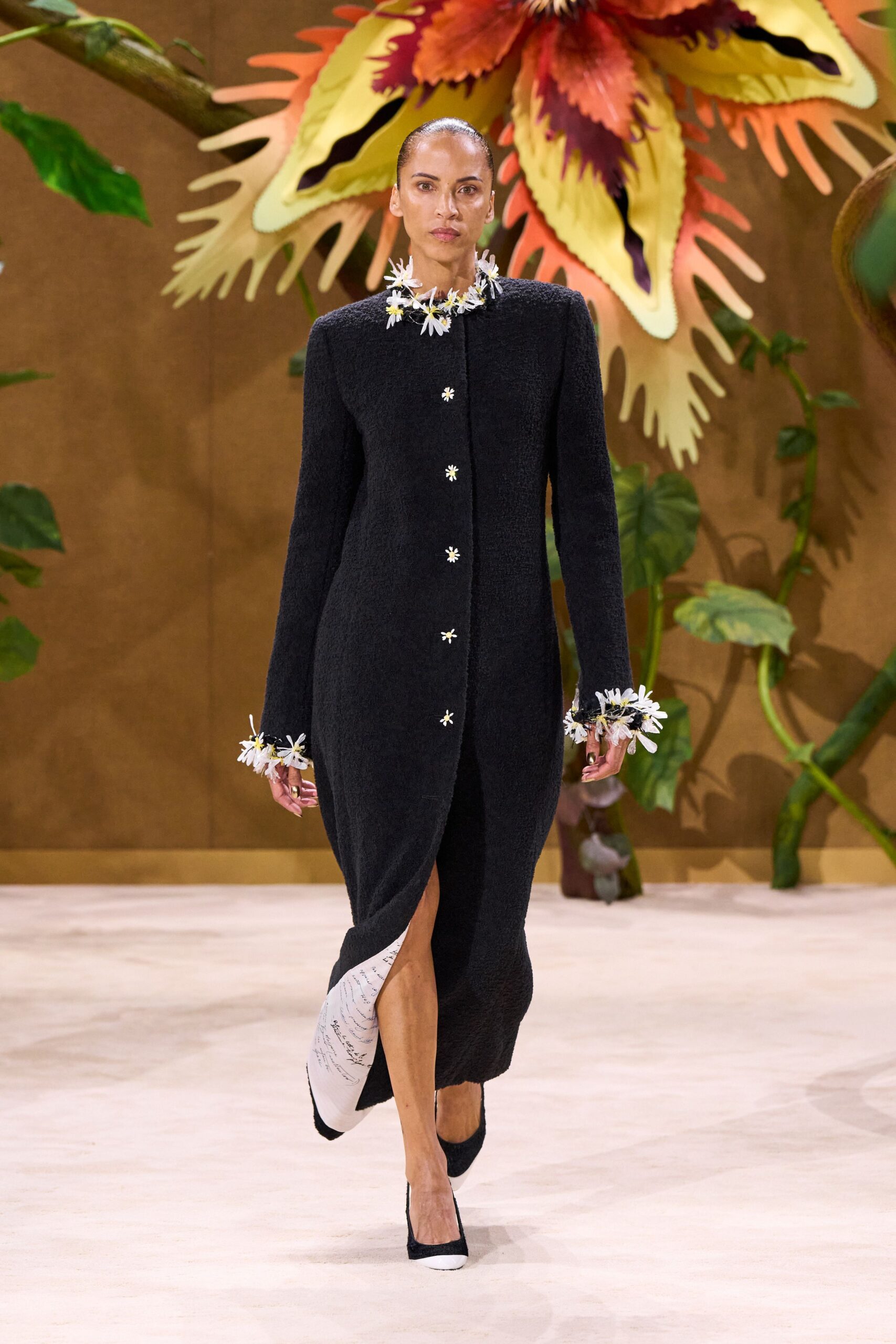 black wool long-sleeve collared fitted buttoned embroidered dress