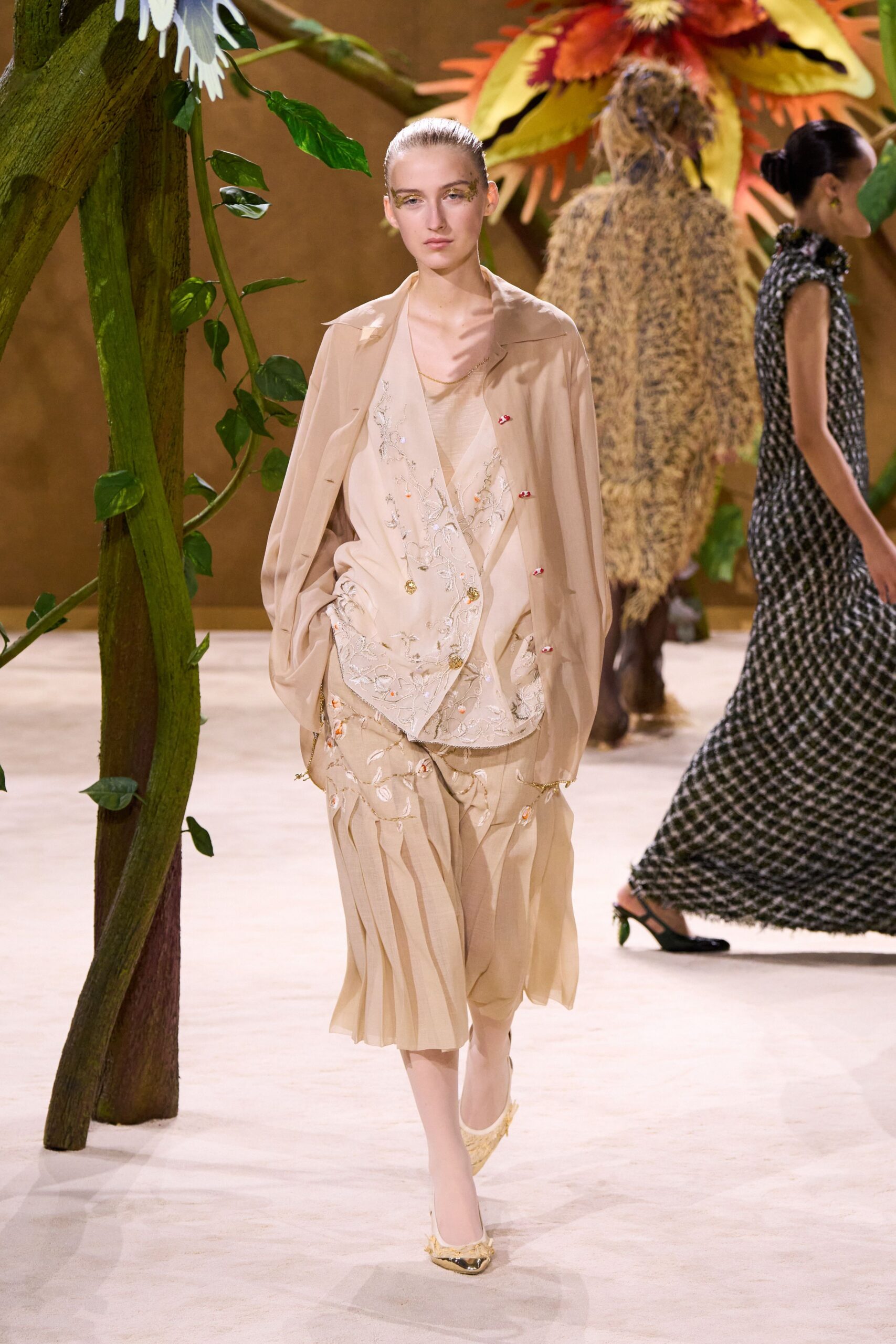 beige silk long-sleeve v-neck relaxed pleated embroidered blouse