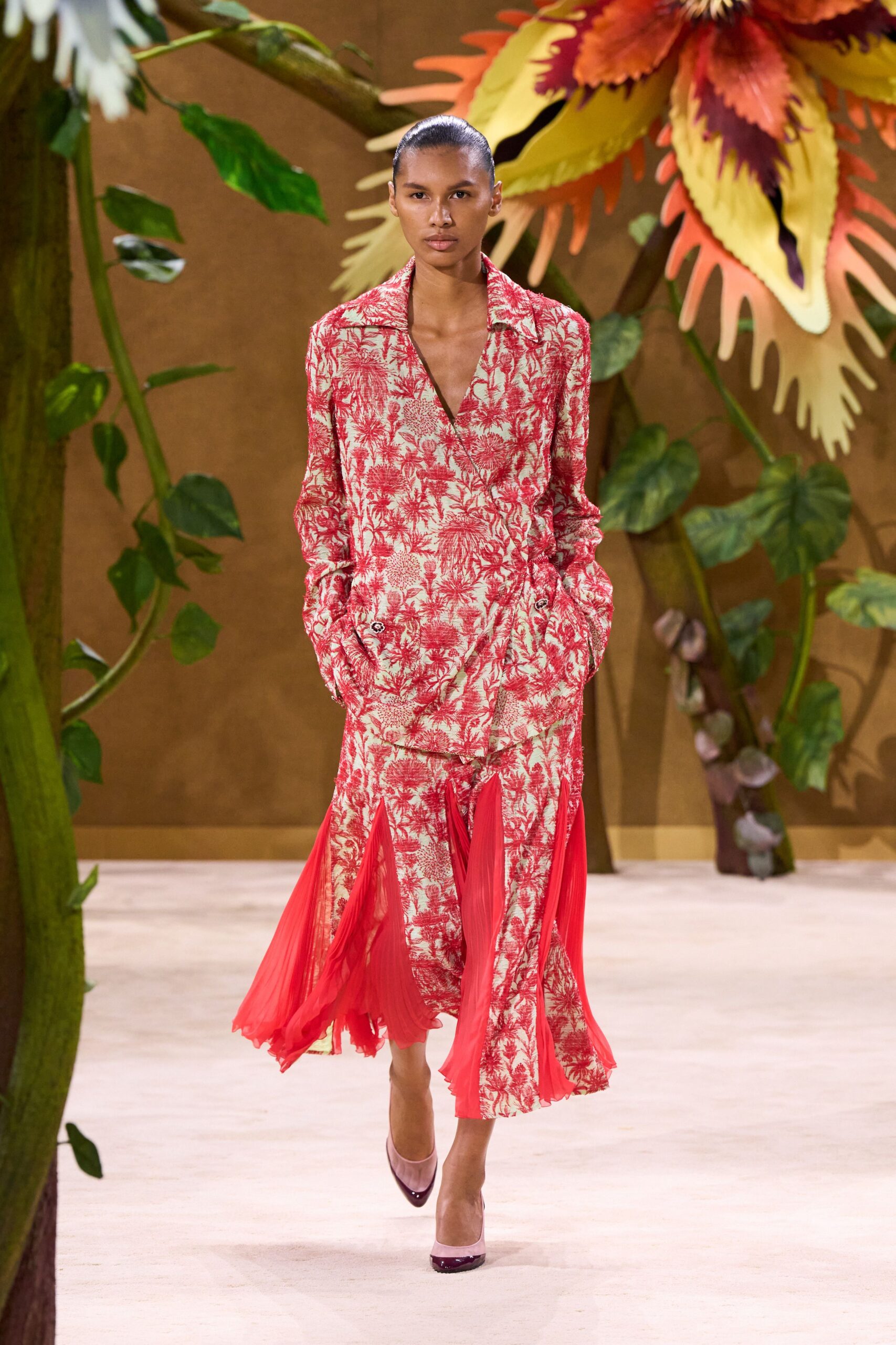 red silk long-sleeve collared fitted floral pleated dress