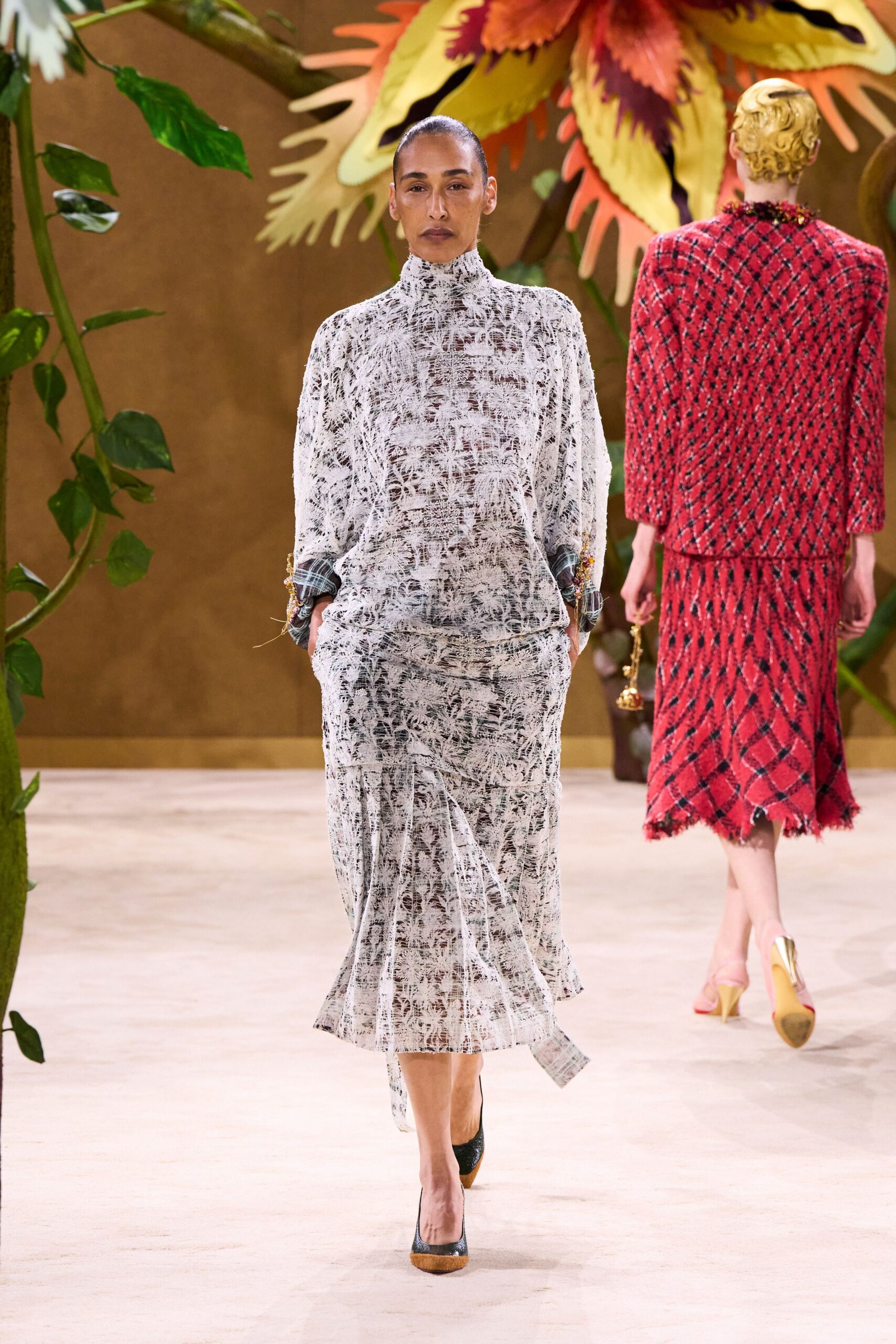 white silk long-sleeve high-neck relaxed printed sheer dress