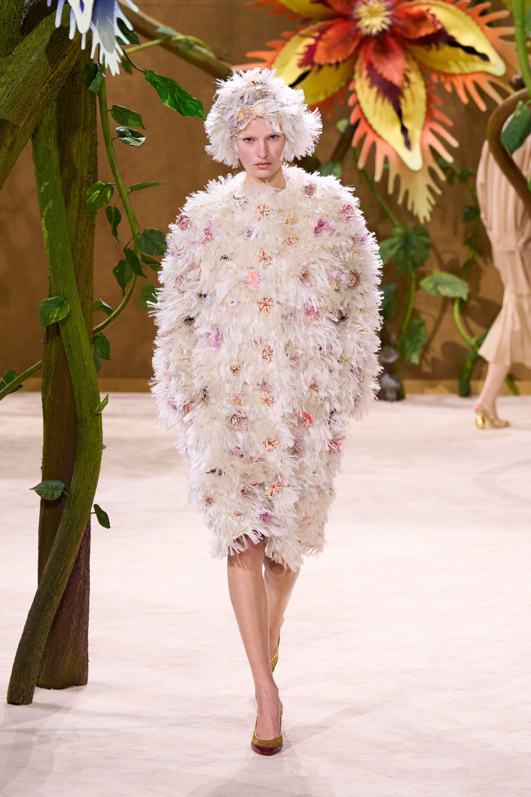 white fur long-sleeve high-neck fitted fringed midi dress