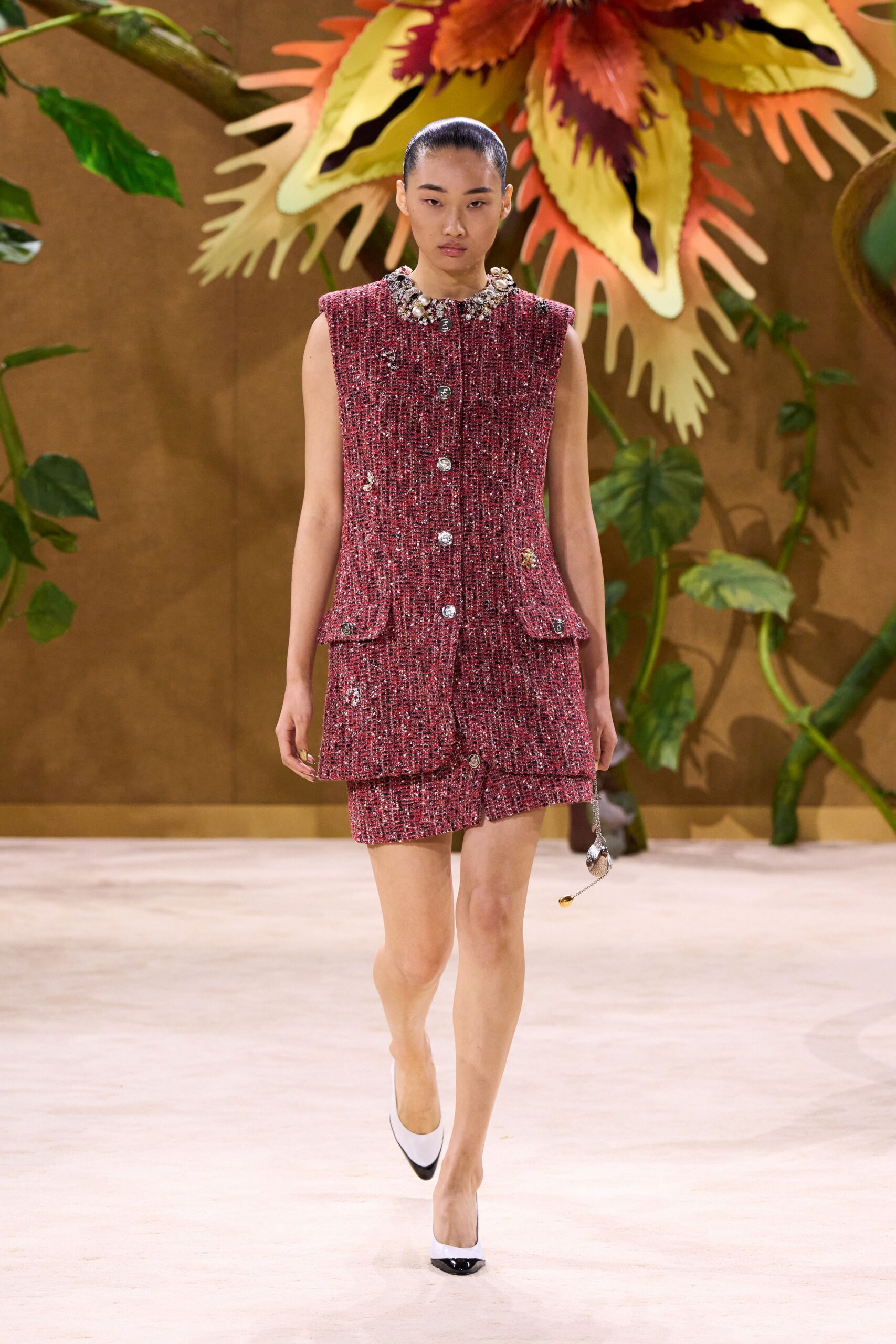 red tweed sleeveless collared fitted buttoned pockets dress