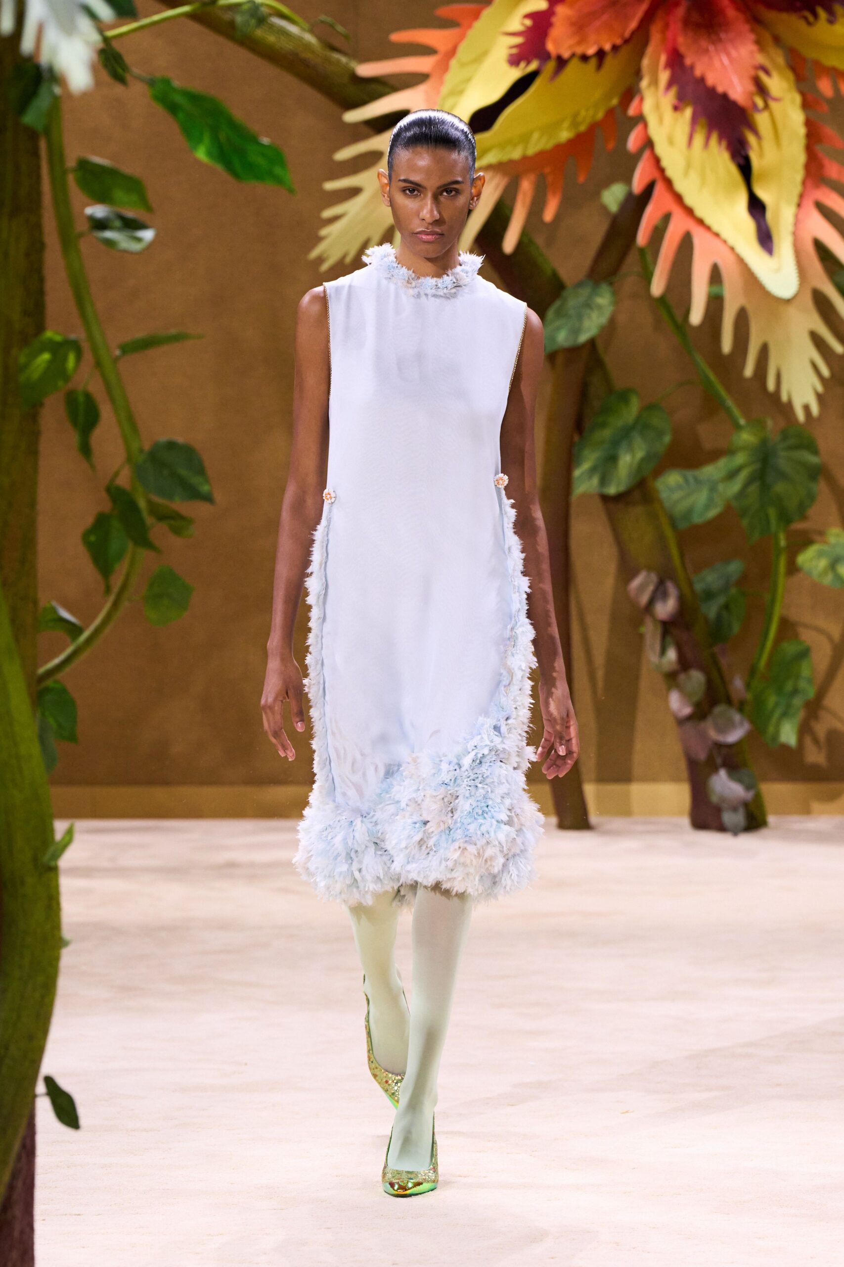 white silk sleeveless high-neck fitted ruffled layered dress