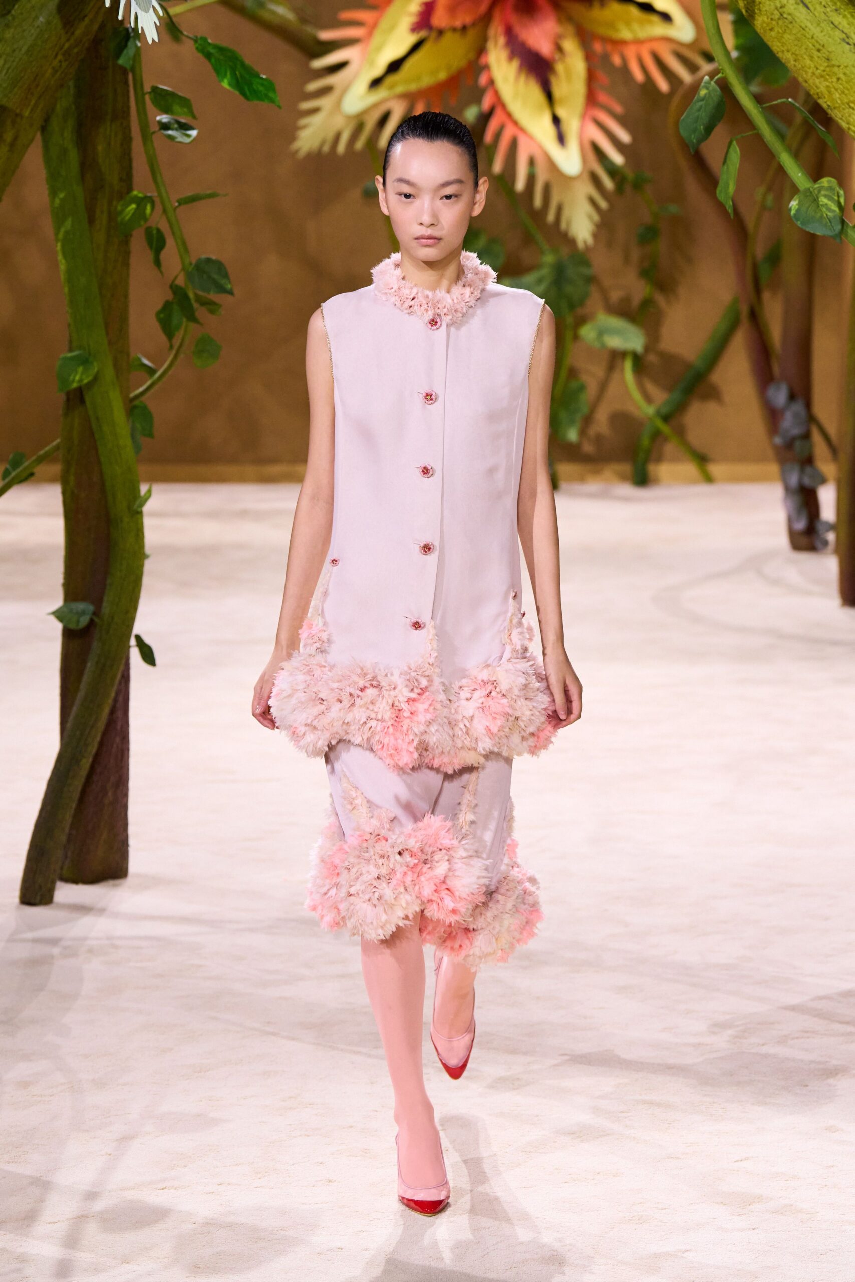 pink silk sleeveless collared fitted ruffled layered dress