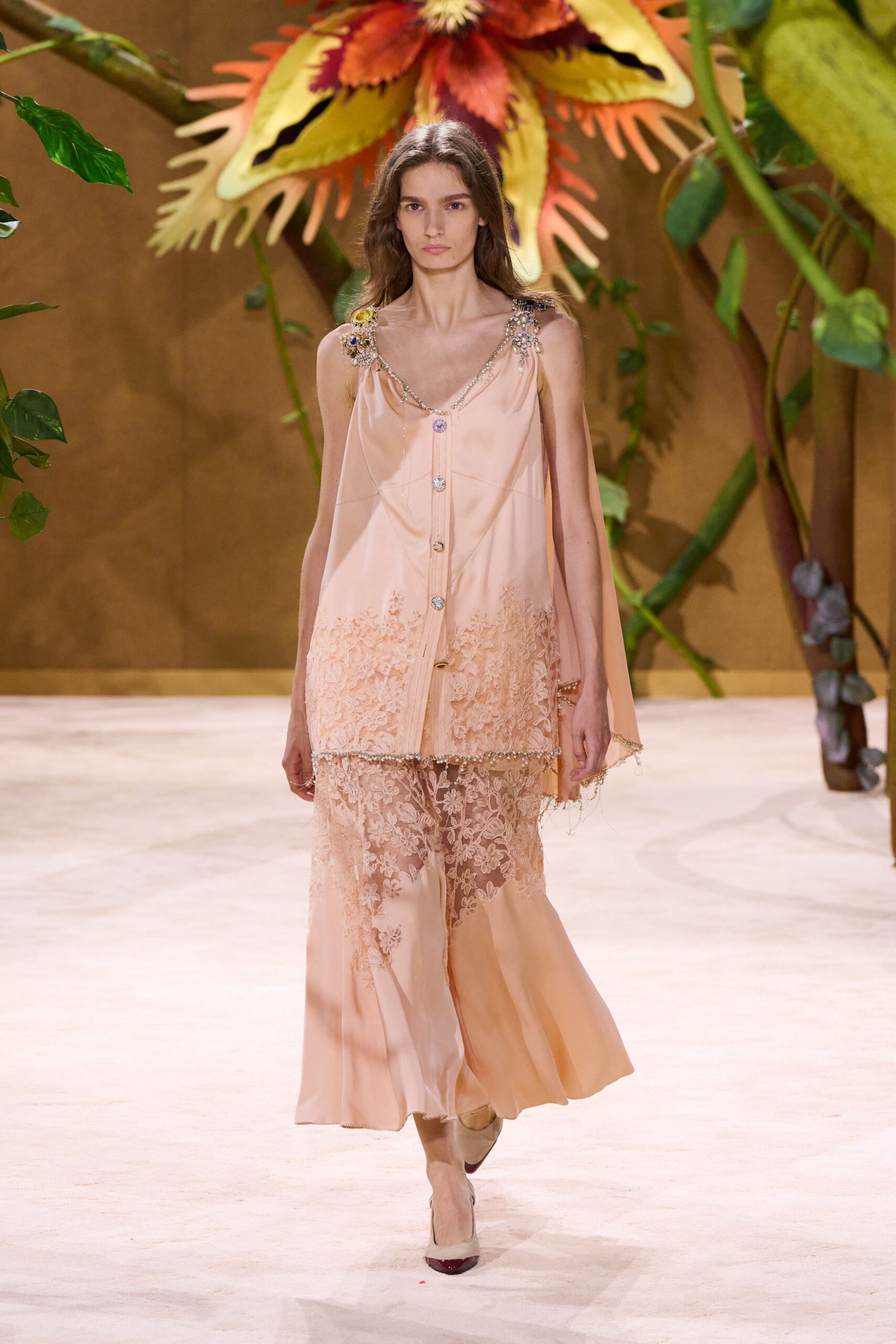 coral silk sleeveless v-neck relaxed layered embroidered dress