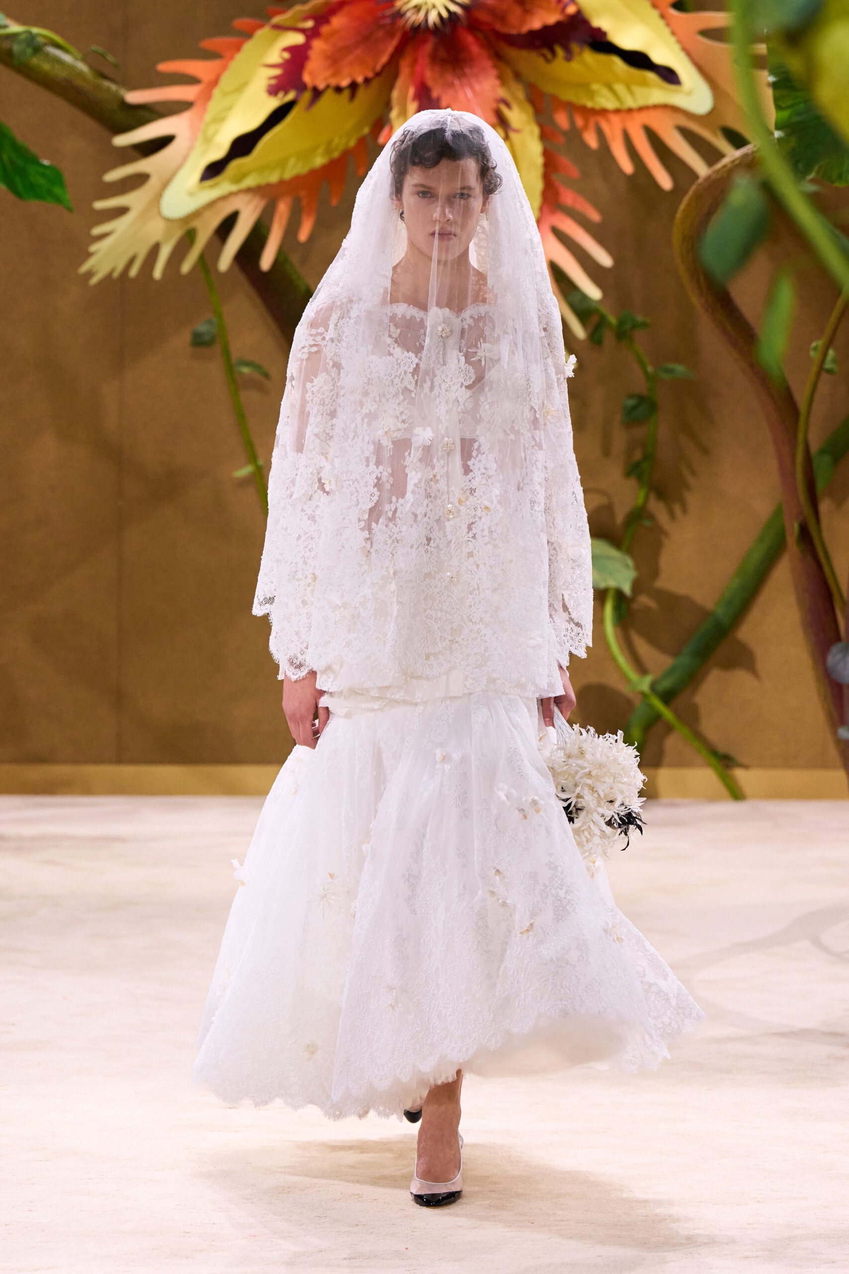 white lace long-sleeve high-neck fitted layered embroidered gown