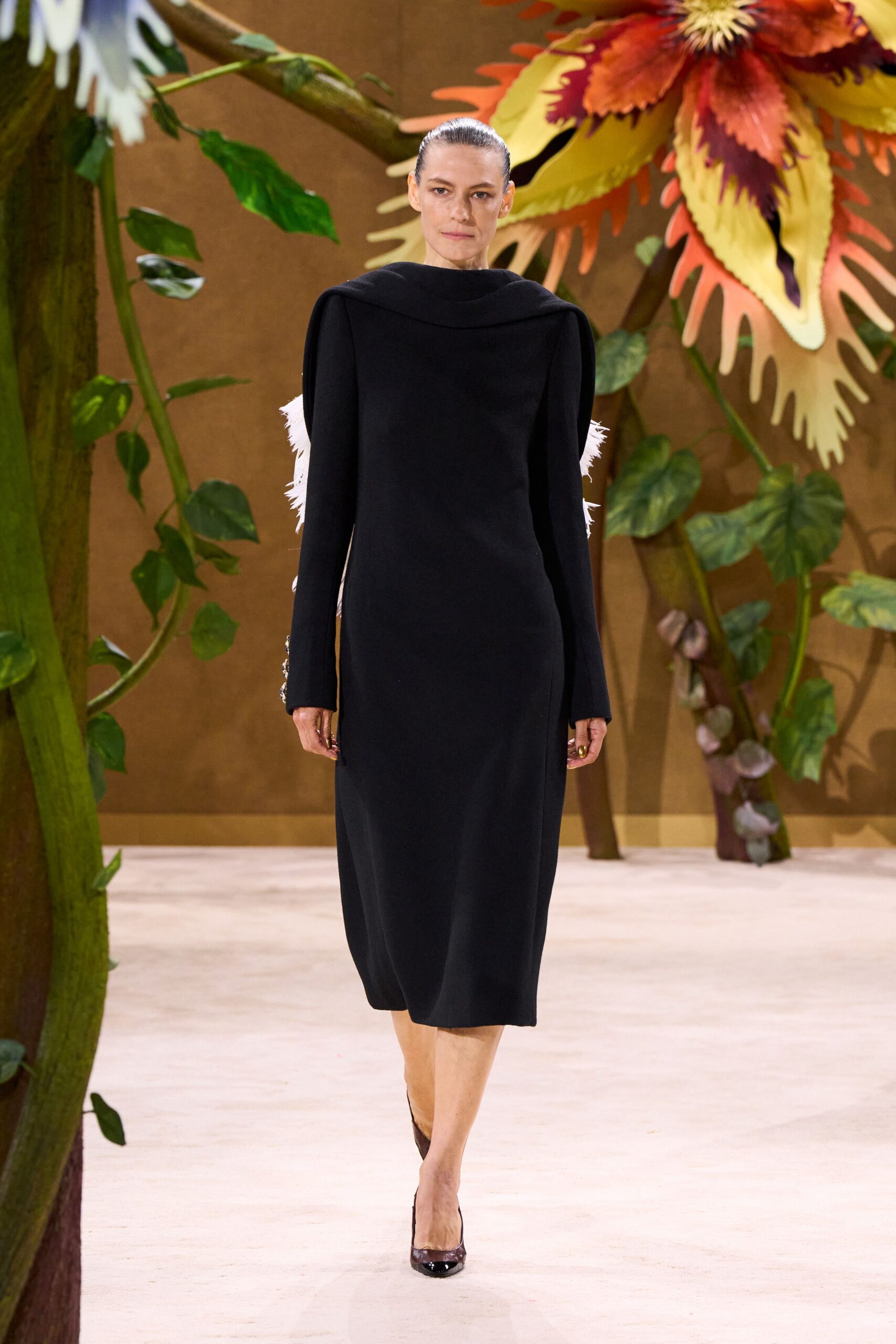 black wool long-sleeve high-neck fitted layered midi dress