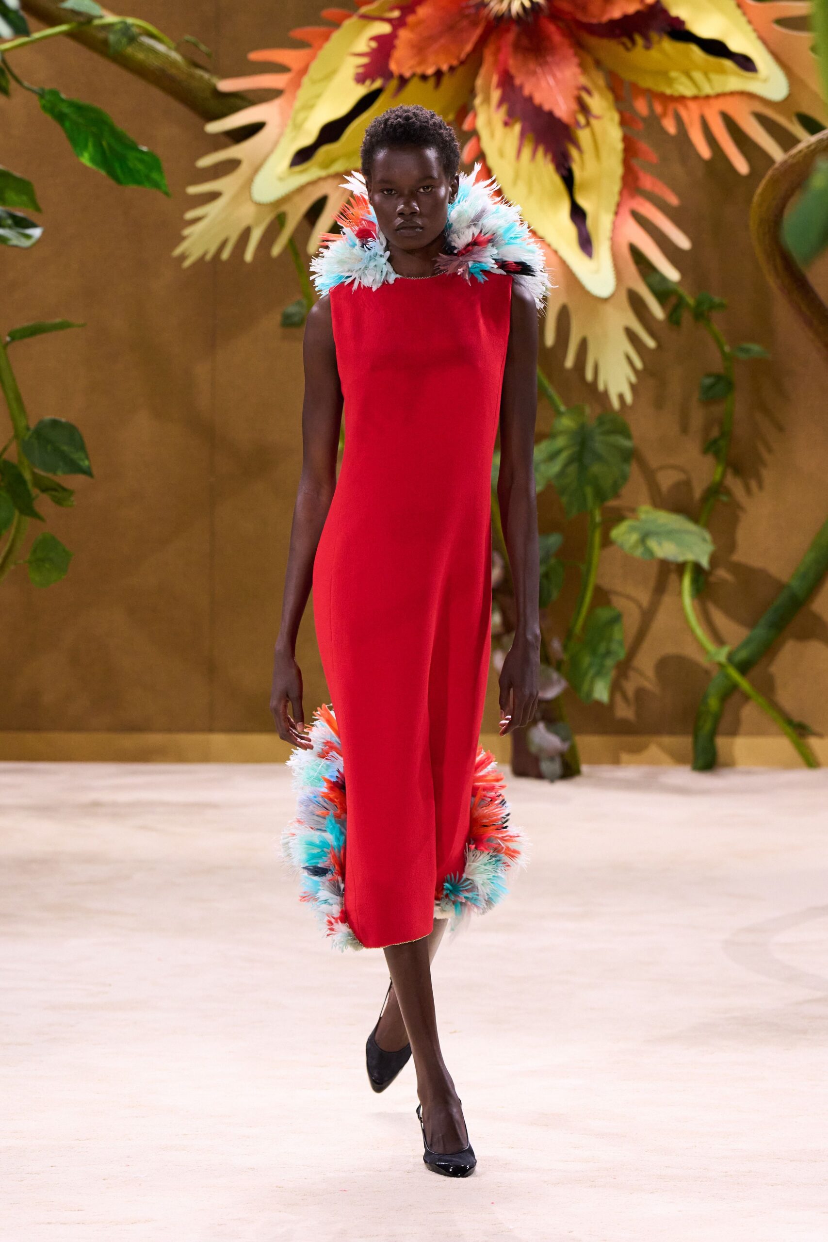 red silk sleeveless high-neck fitted layered fringed dress