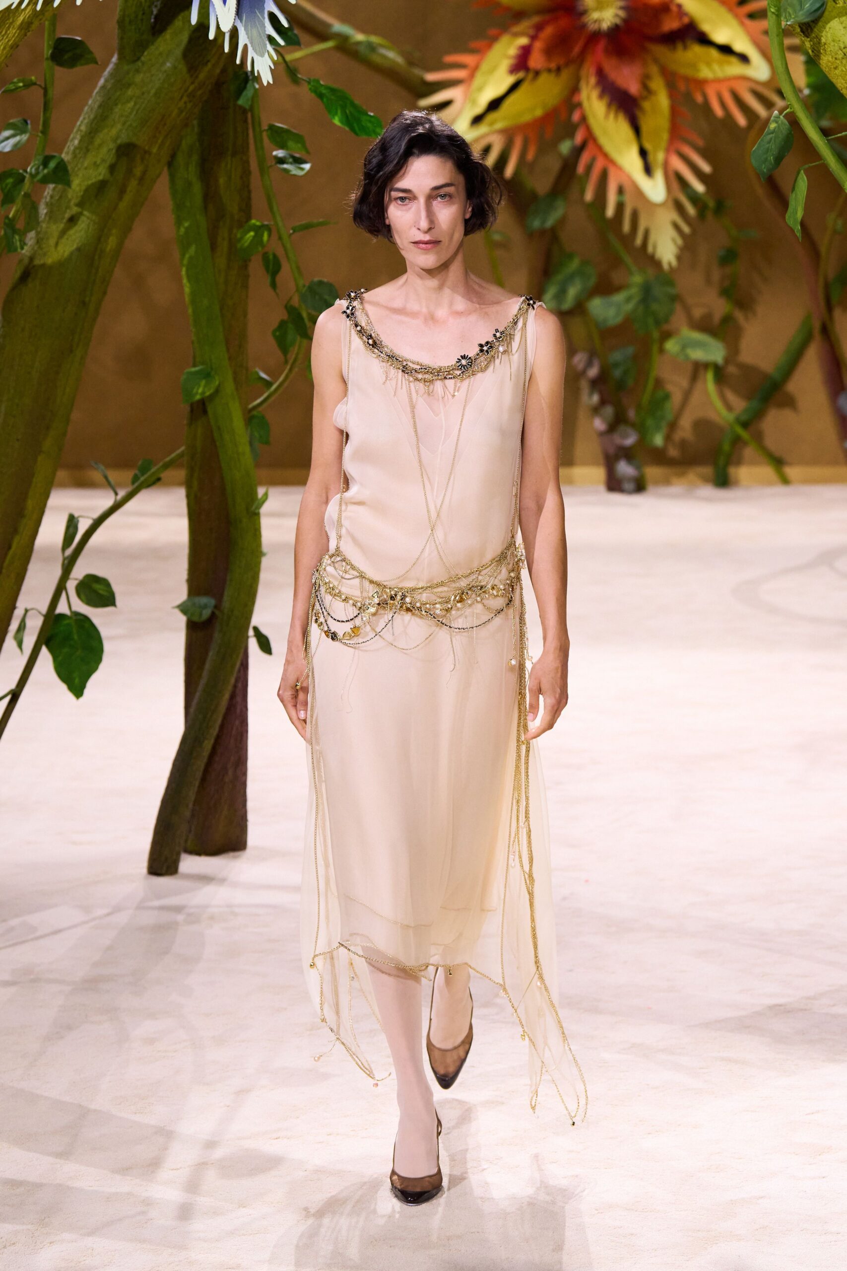beige silk sleeveless v-neck fitted layered embellished dress