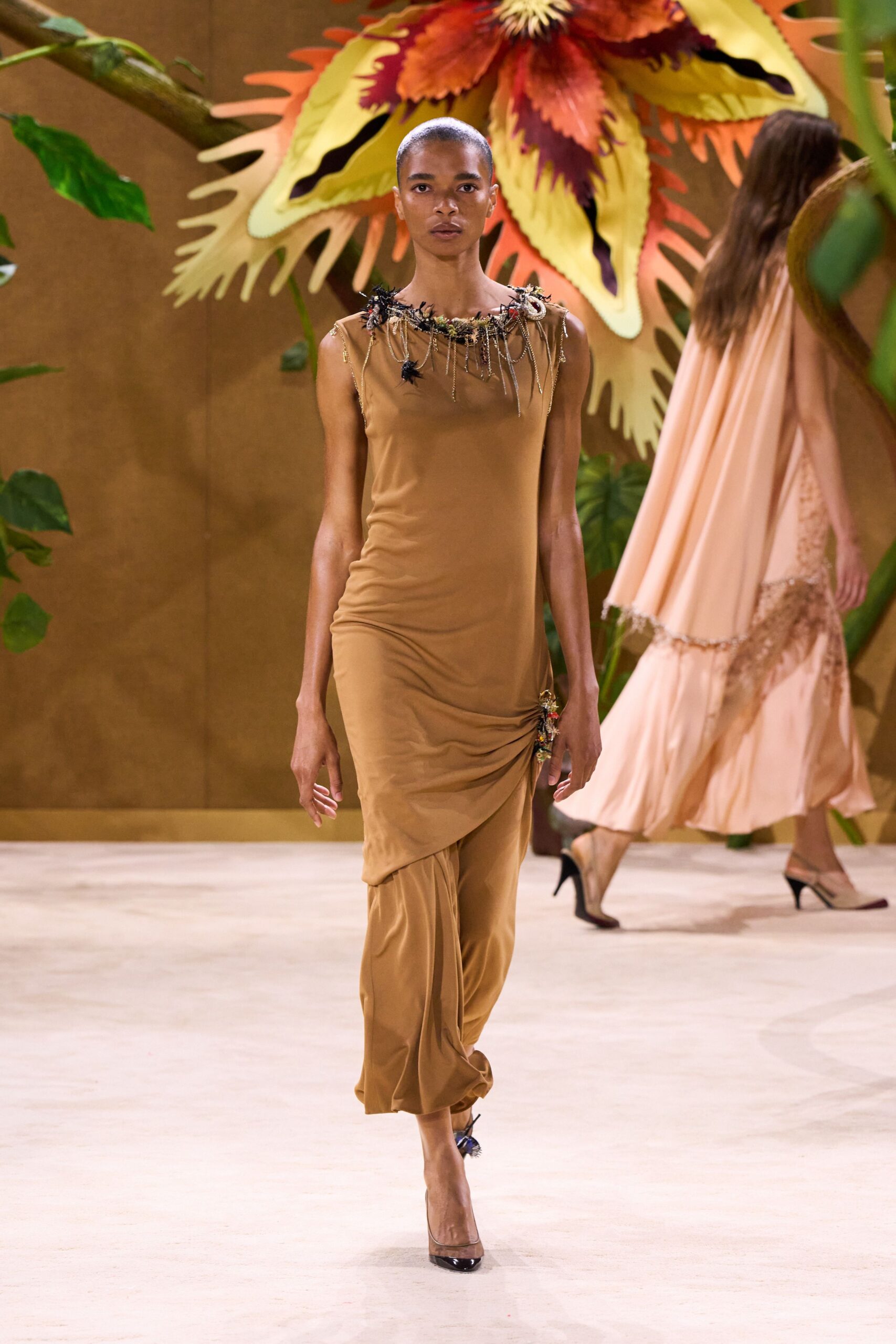 brown silk sleeveless high-neck fitted ruched midi dress