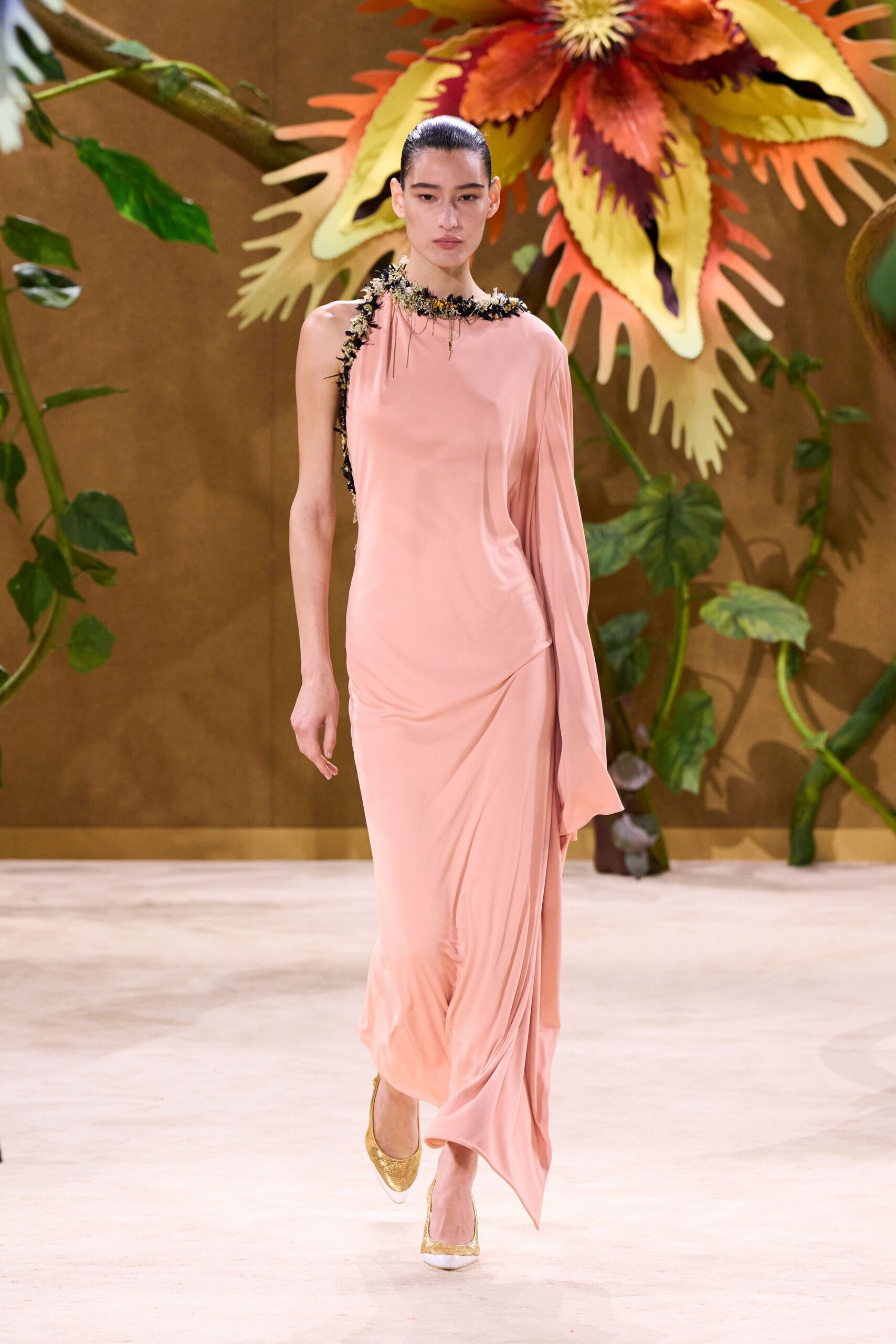pink silk sleeveless asymmetric fitted draped flowing gown