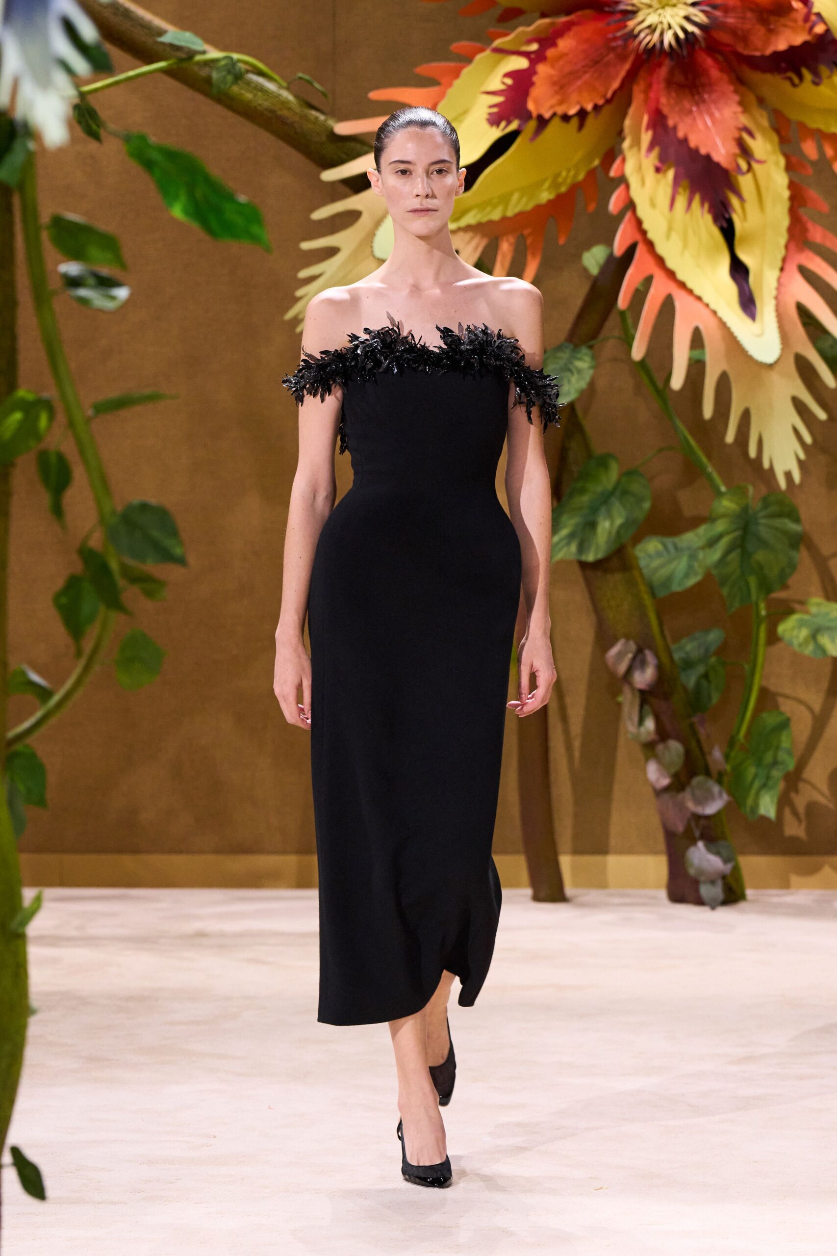 black silk sleeveless off-shoulder fitted ruffled midi gown