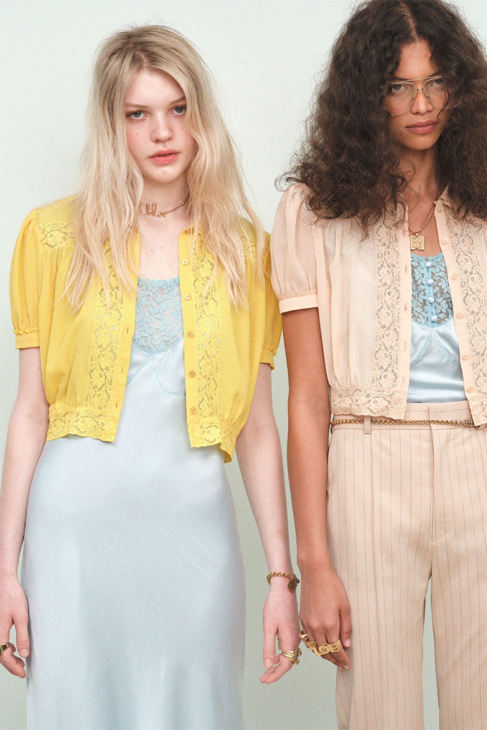 blue silk midi dress with yellow blouse
