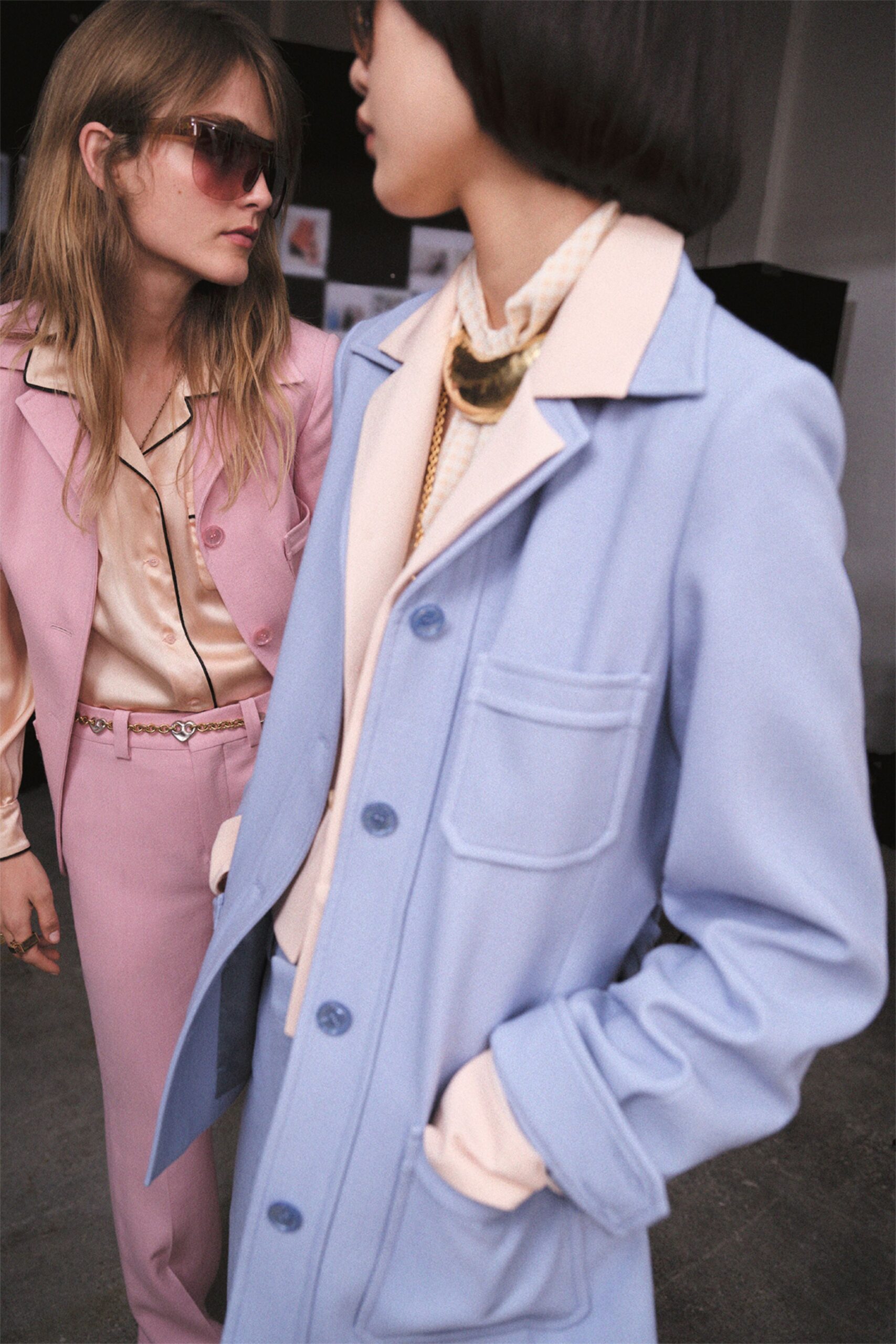 blue and pink blazers with silk shirts