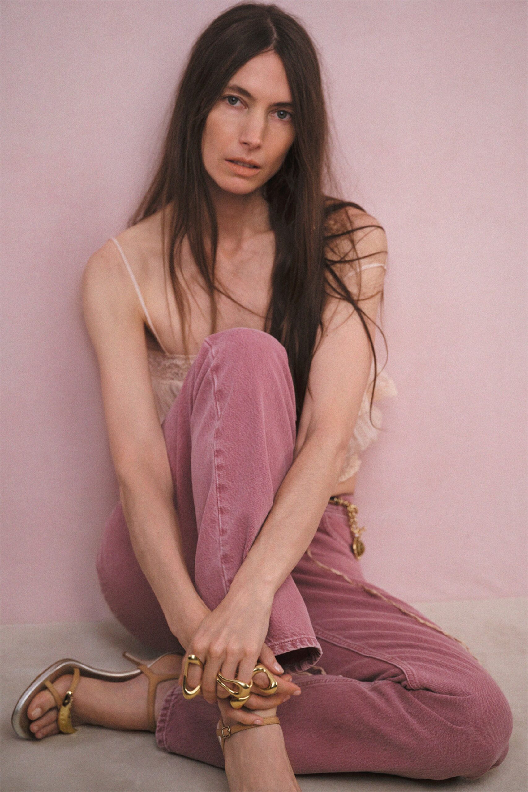 pink lace top with relaxed pants