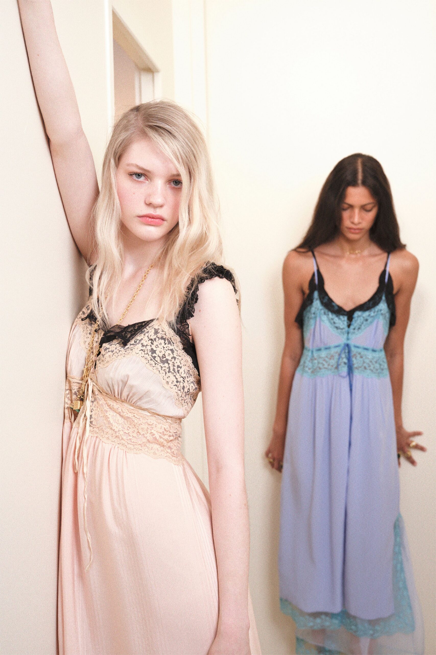 pink and blue silk maxi dresses