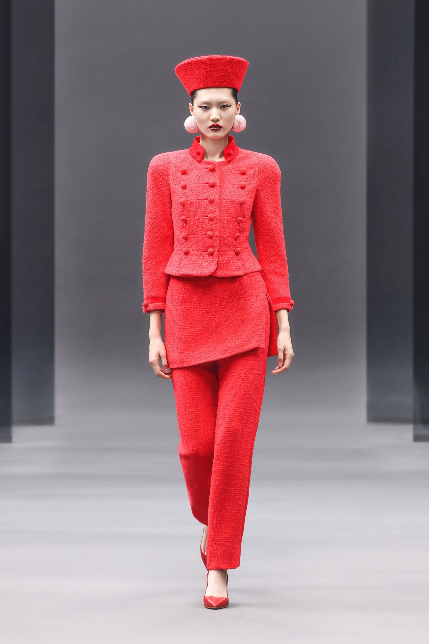 red tweed blazer and pants