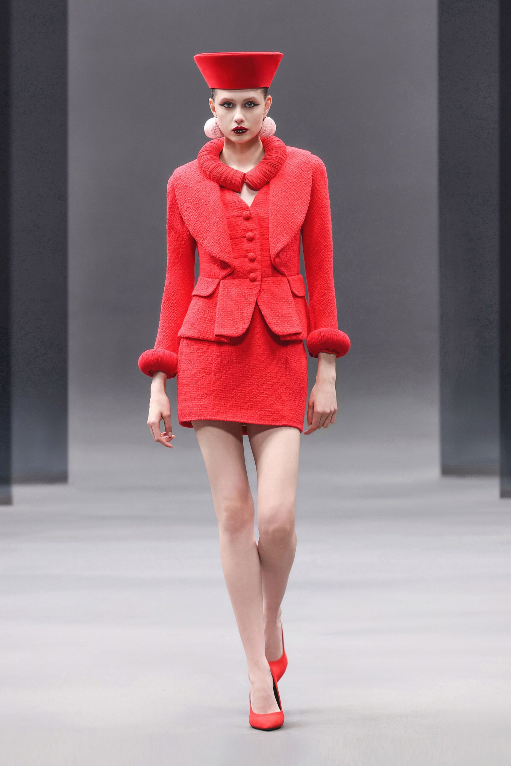 red tweed blazer and skirt