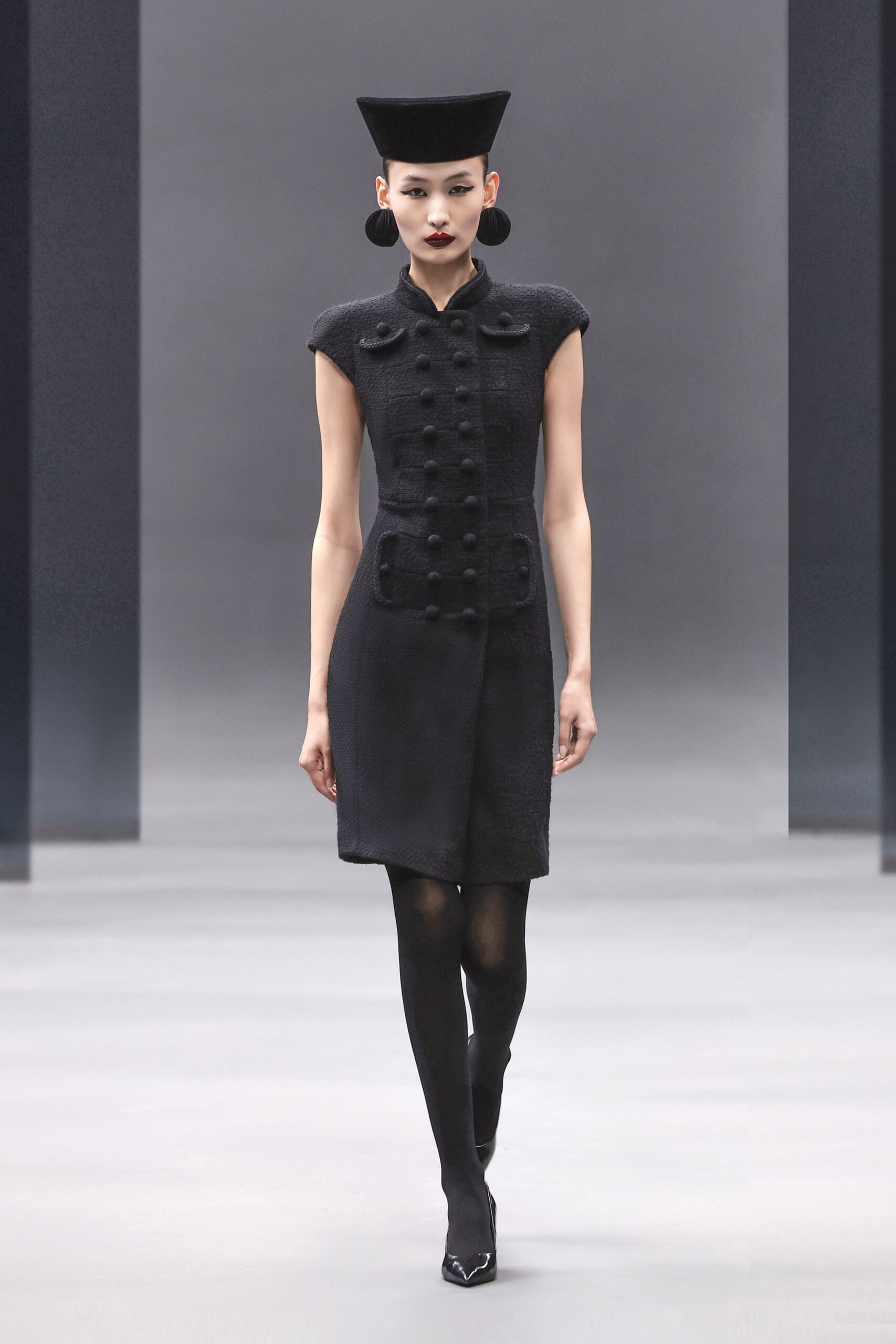 black cotton short-sleeve collared fitted structured buttoned dress