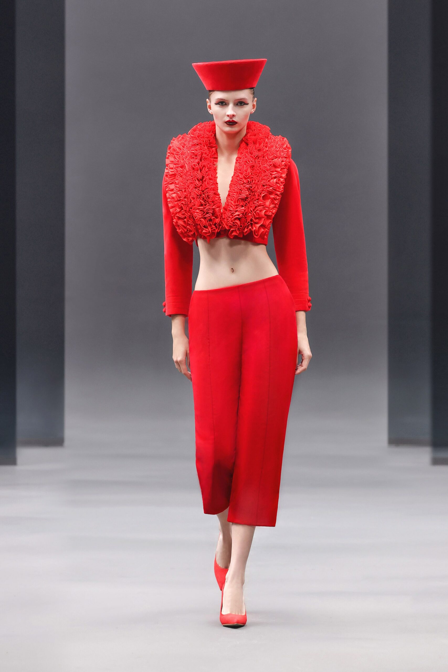 red fitted top and pants