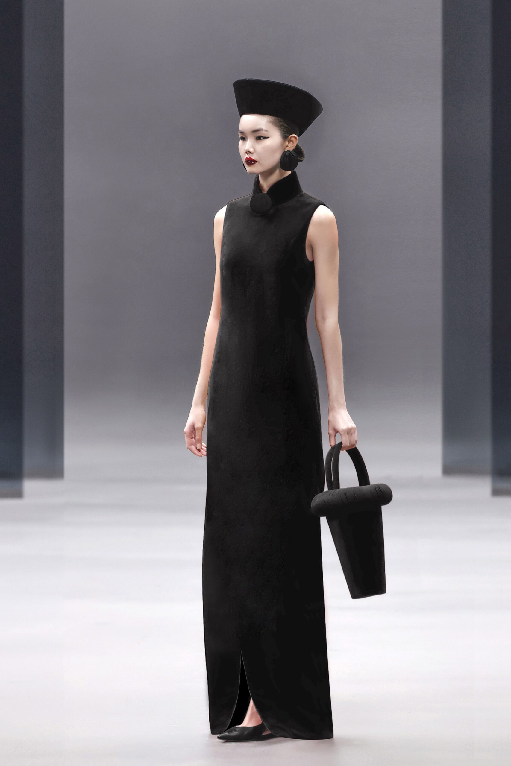 black silk sleeveless high-neck fitted maxi gown
