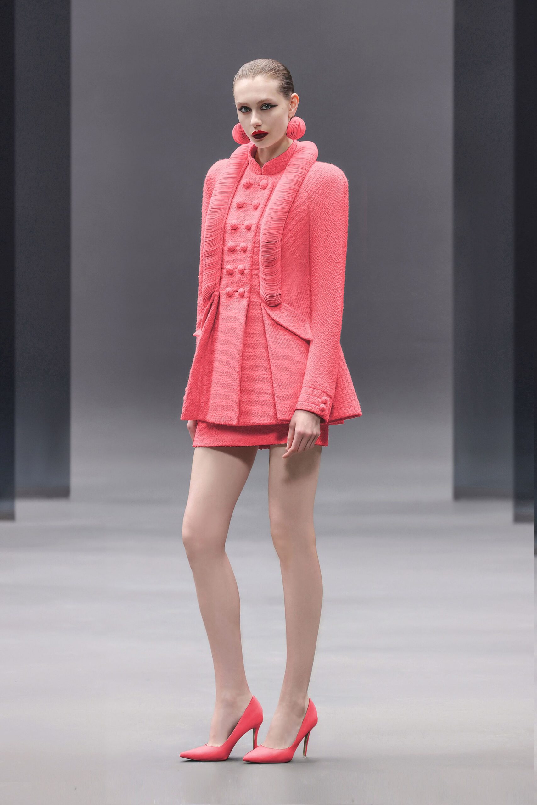pink cotton long-sleeve collared fitted pleated buttoned dress
