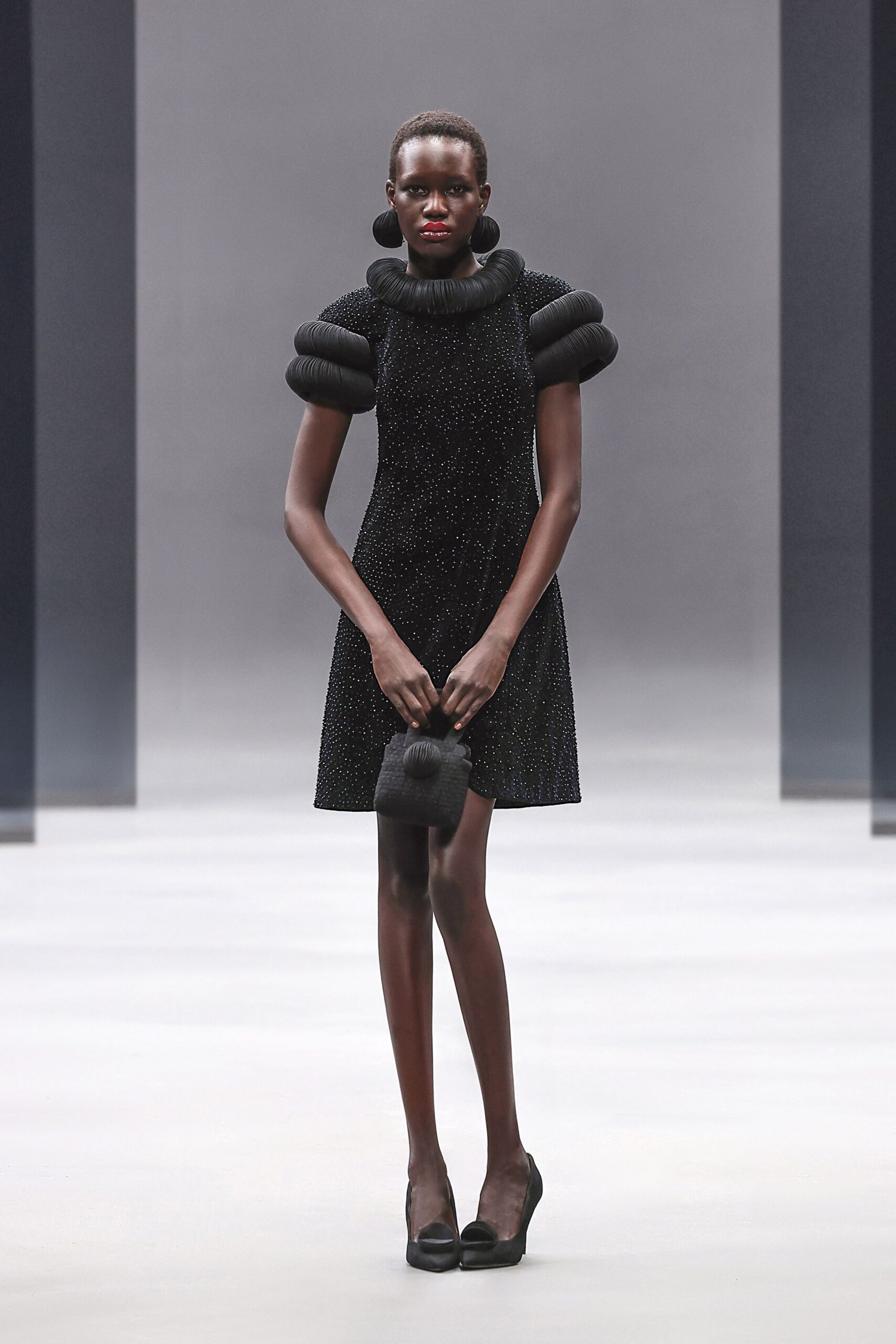 black silk short-sleeve high-neck fitted pleated embellished dress