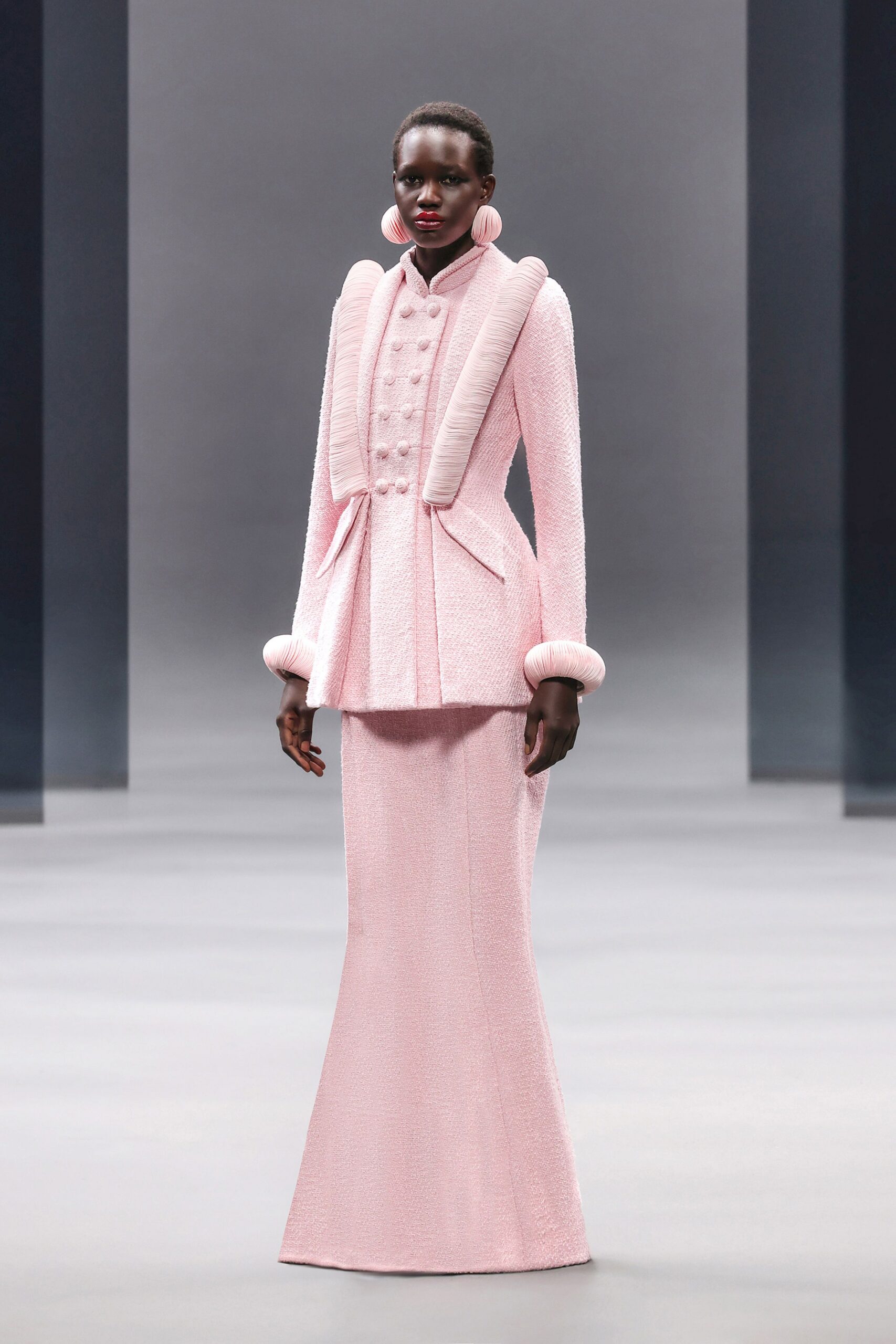 fitted pink tweed gown
