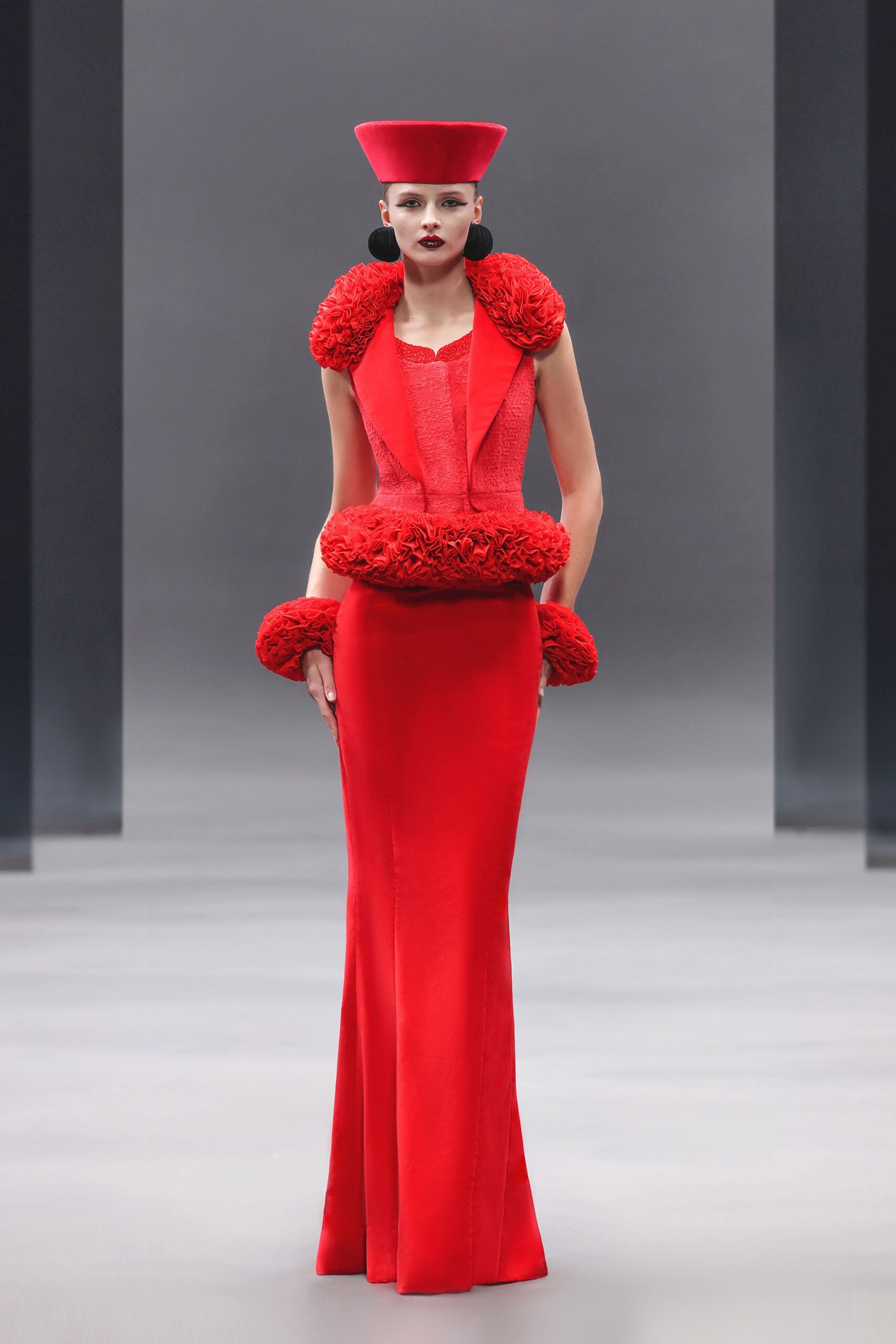 red silk gown with ruffled blazer