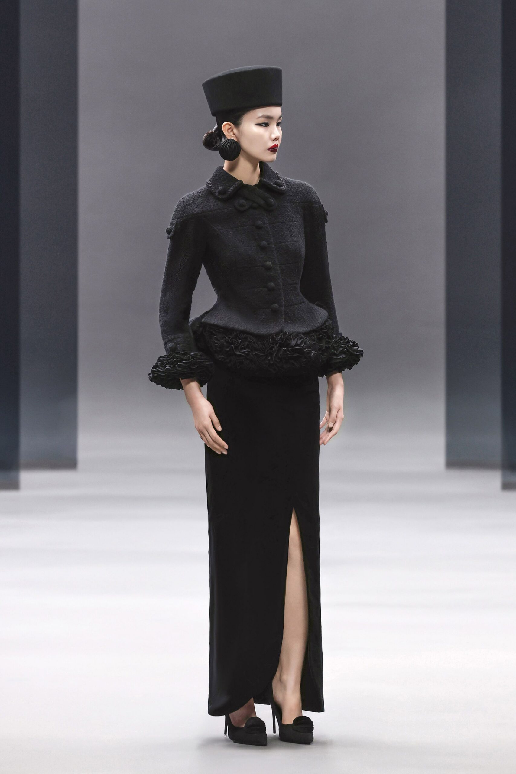 black wool long-sleeve collared fitted ruffled buttoned top