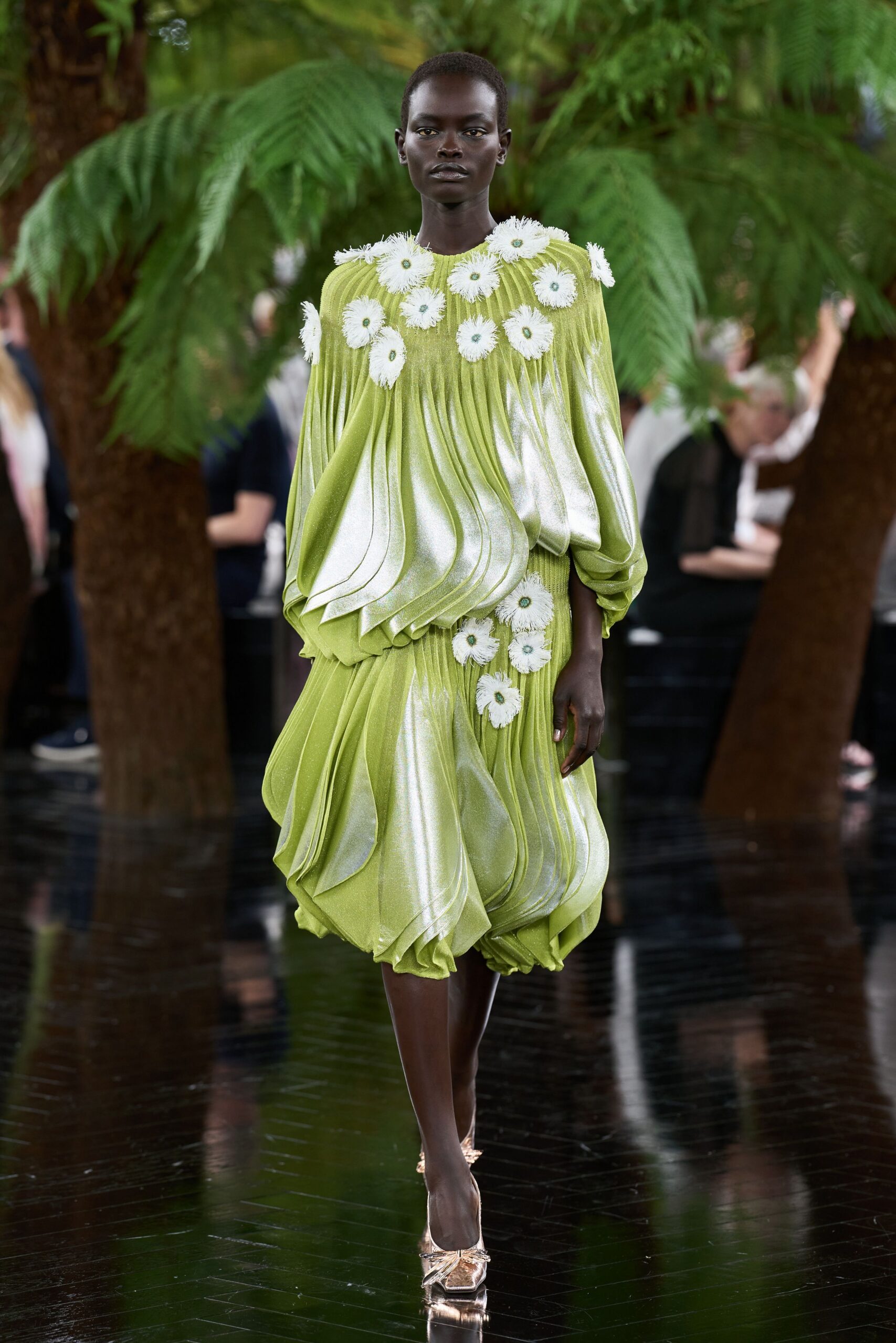 green silk sleeveless high-neck relaxed pleated embroidered dress
