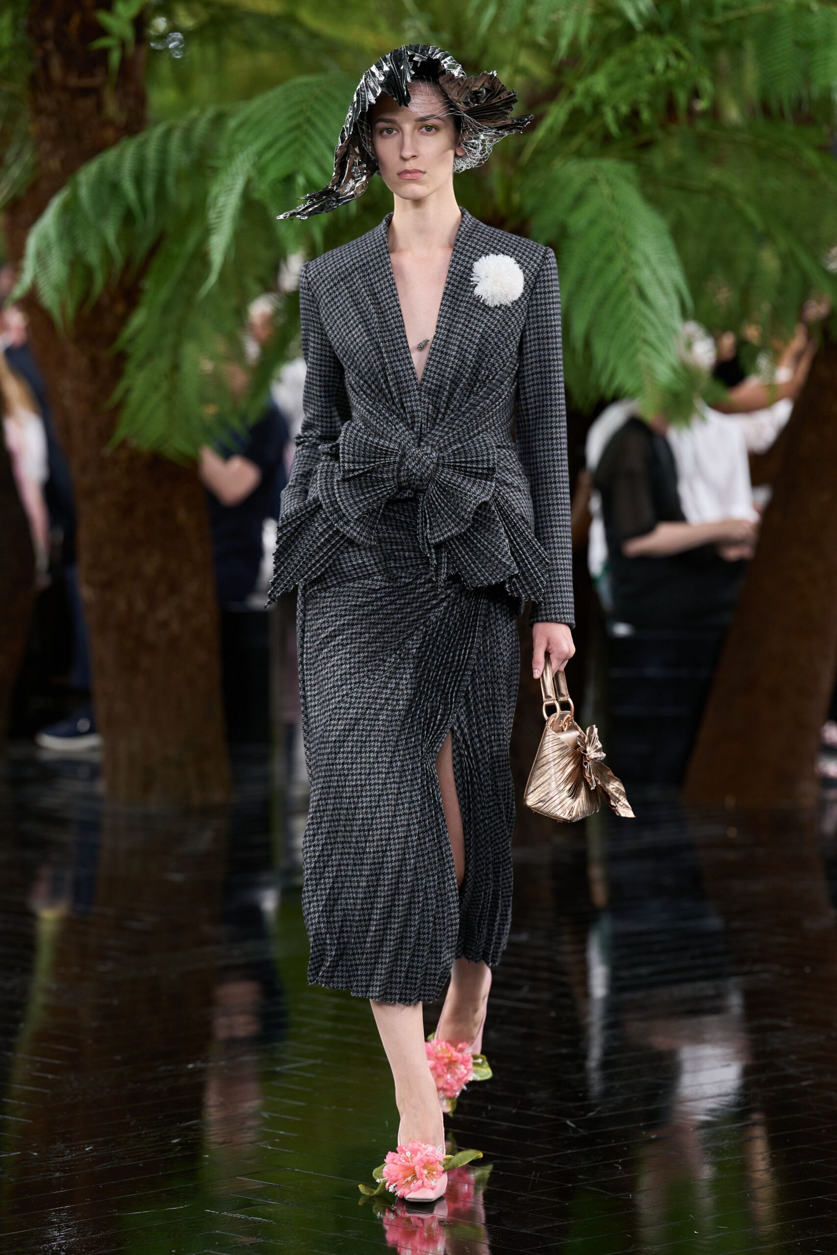 black cotton long-sleeve v-neck fitted pleated belted dress