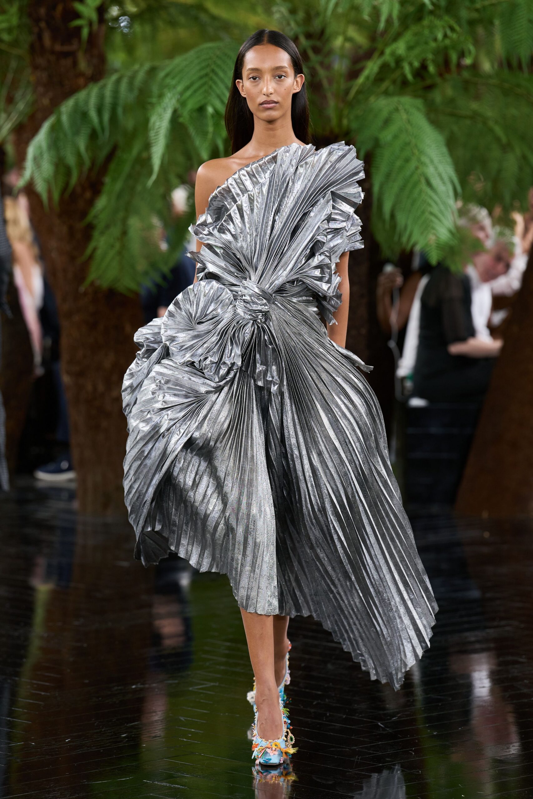 gray silk off-shoulder fitted pleated shiny midi dress