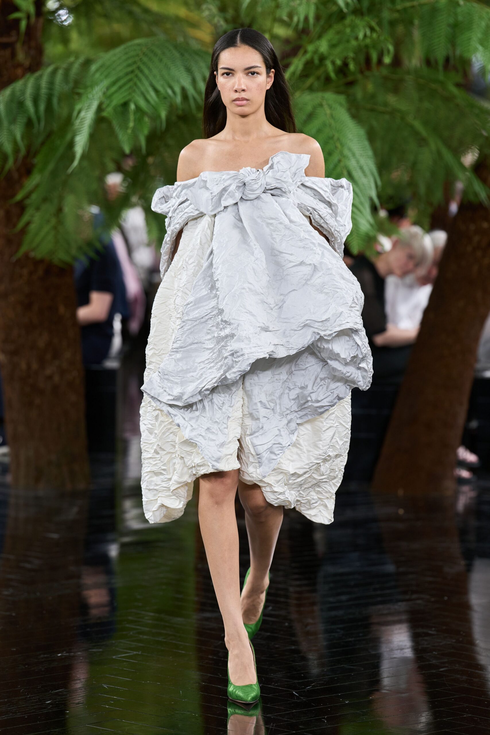 gray silk off-shoulder relaxed ruffled layered flowing dress