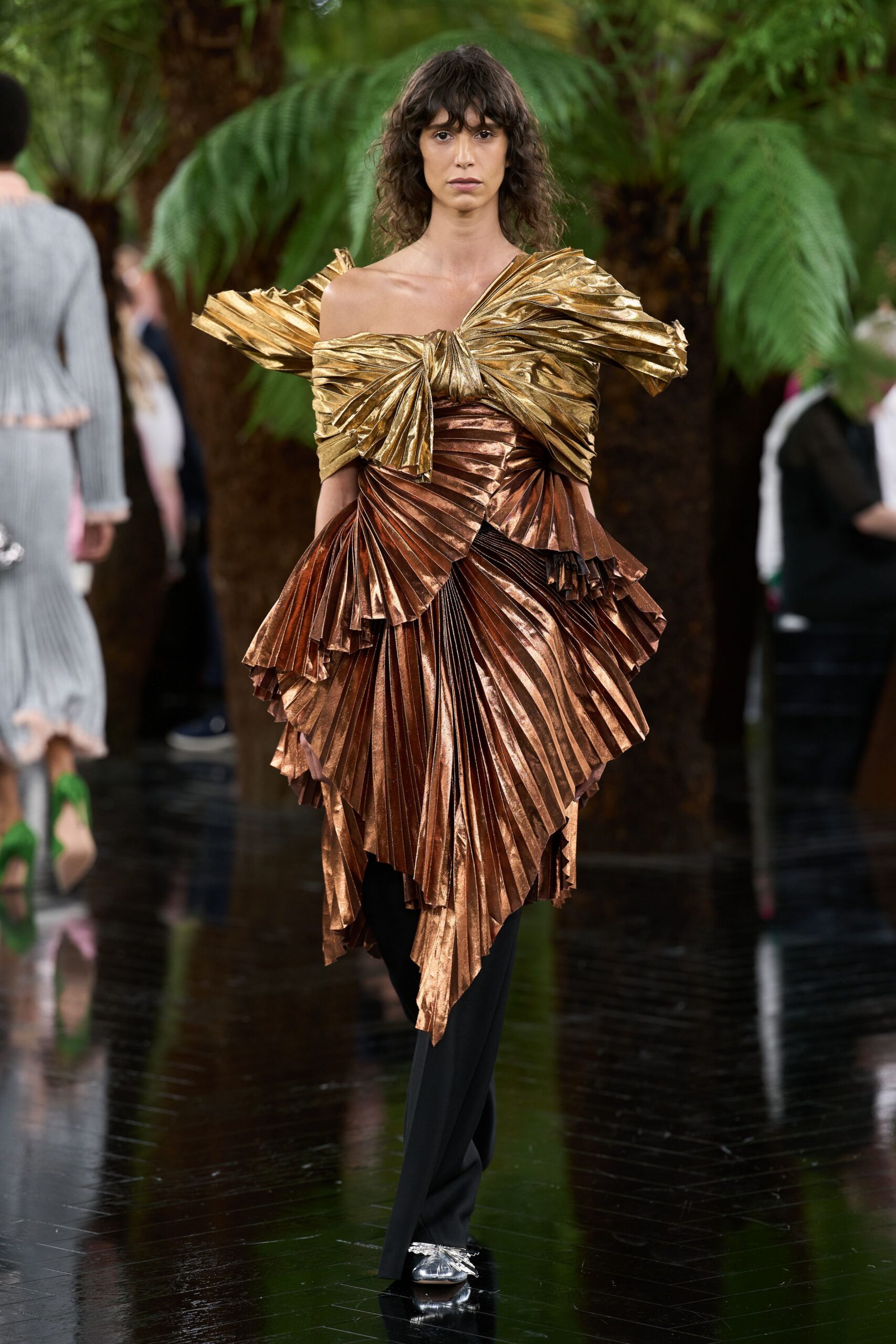 brown silk off-shoulder fitted pleated draped shiny dress