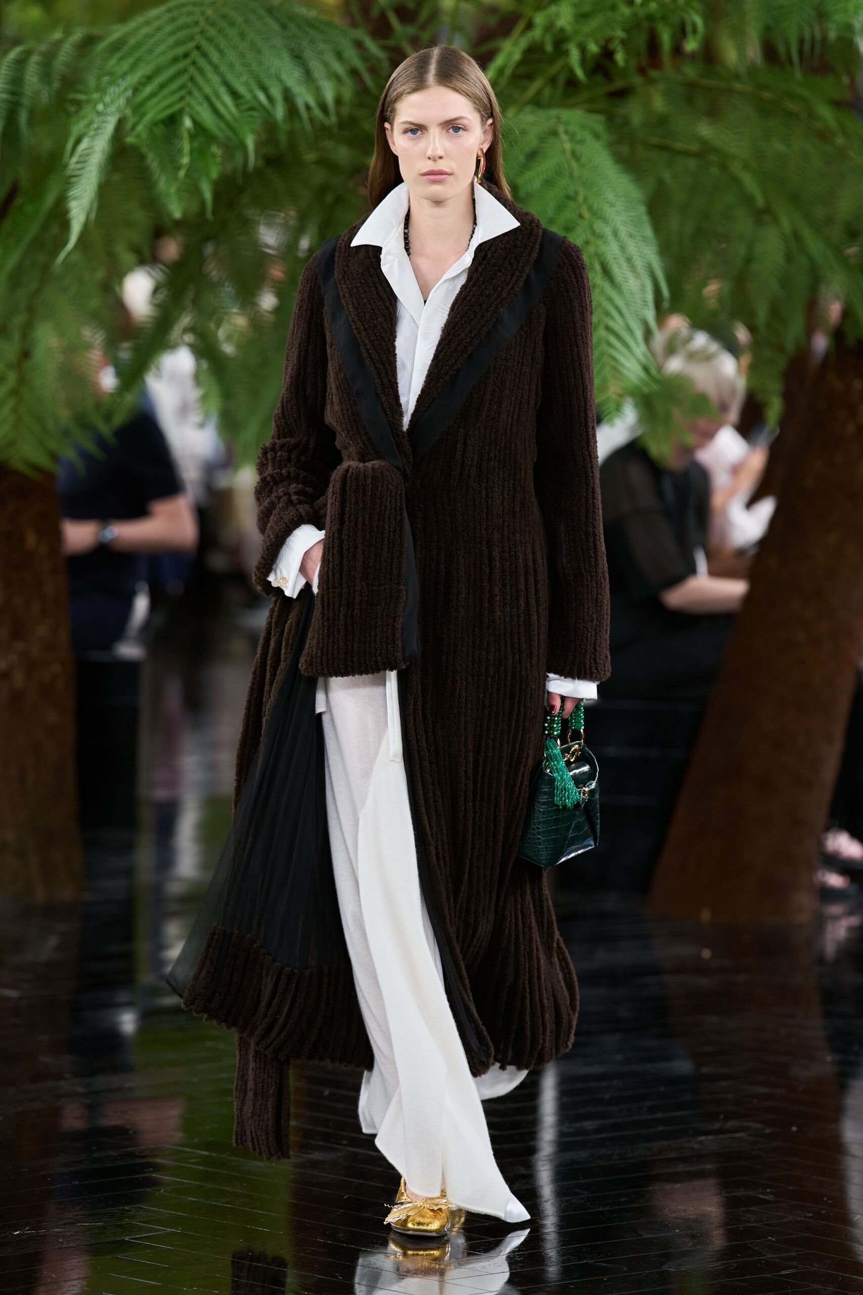 brown wool long-sleeve collared relaxed pleated maxi coat