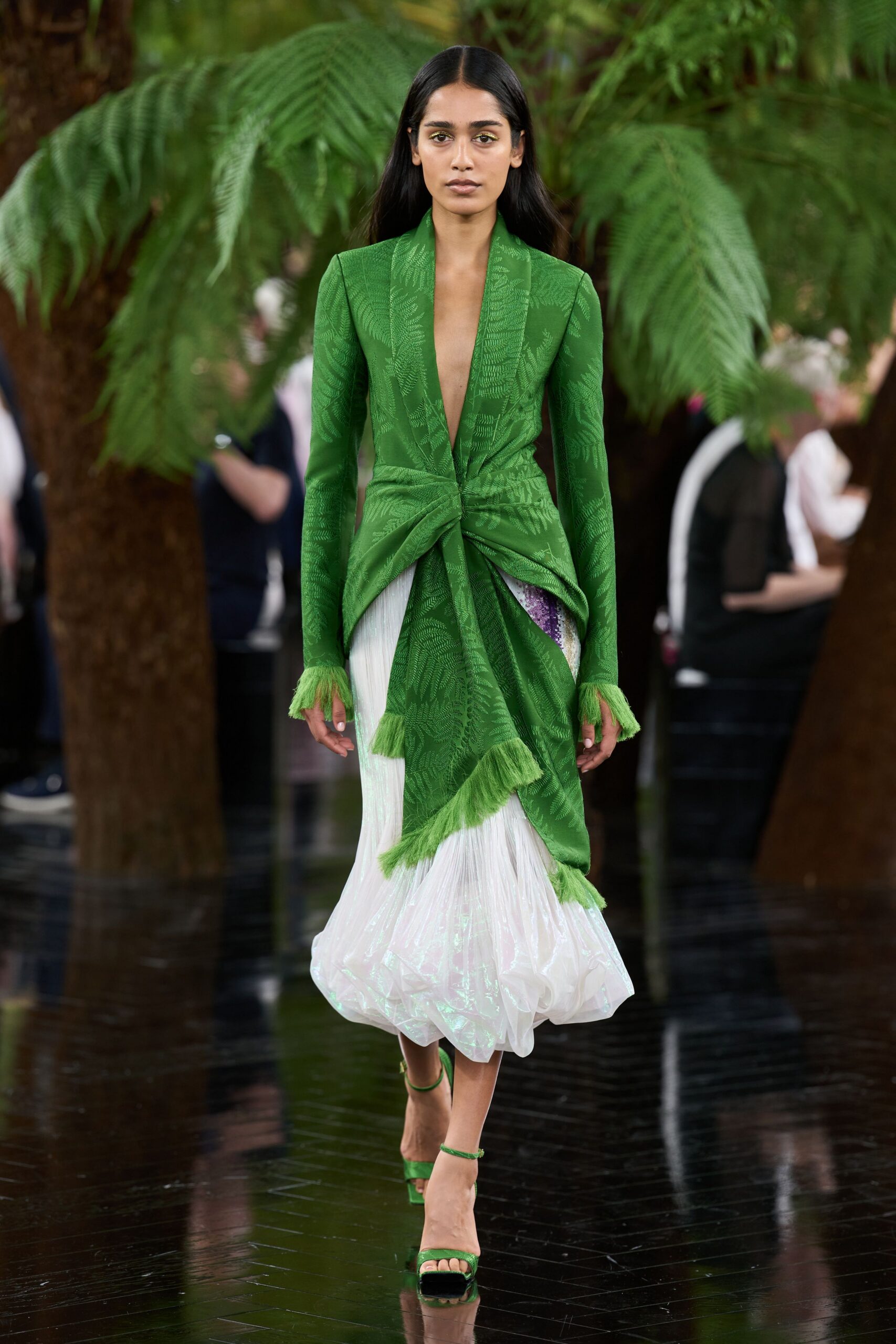 green silk long-sleeve v-neck fitted draped layered dress