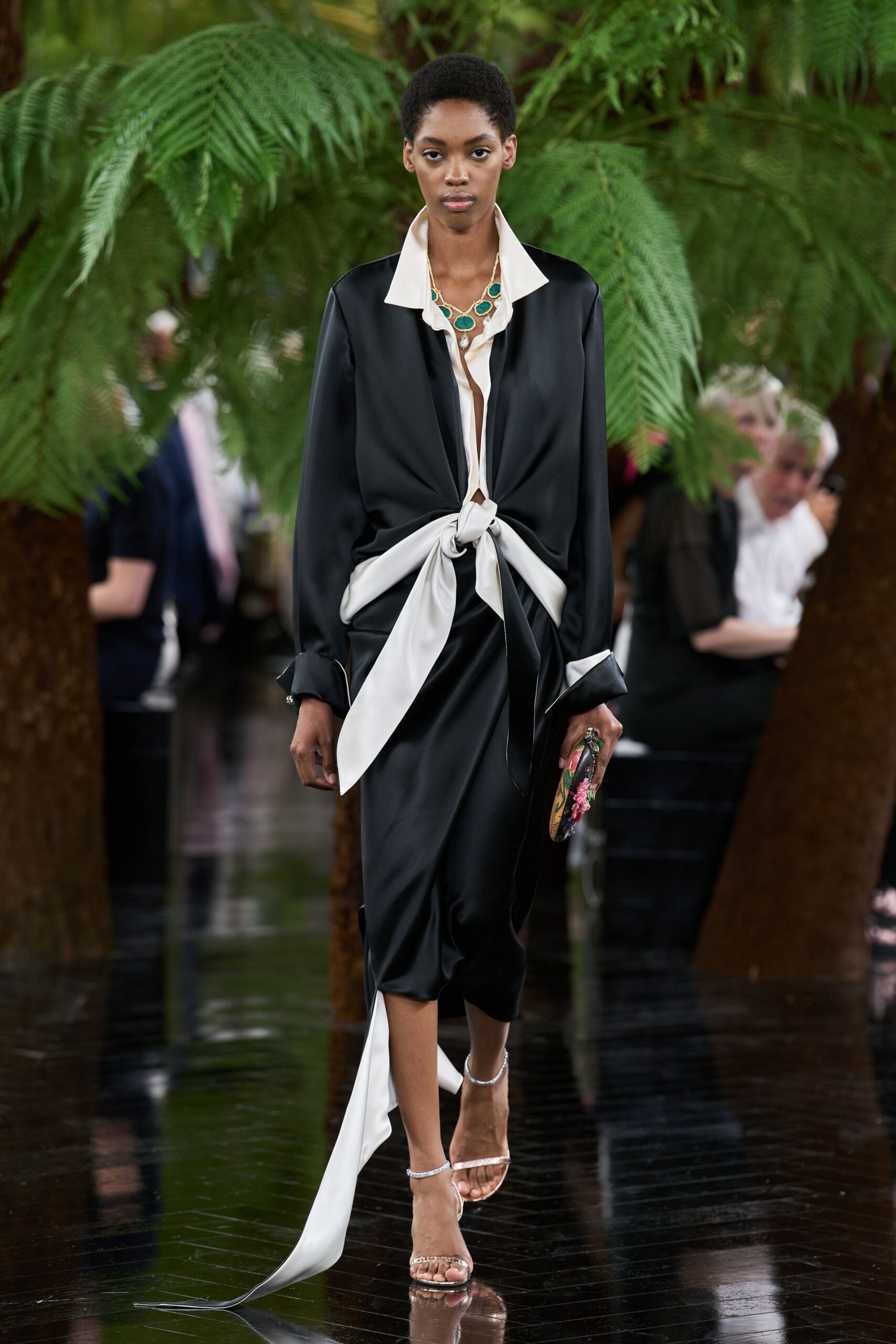 black silk long-sleeve collared relaxed belted layered dress