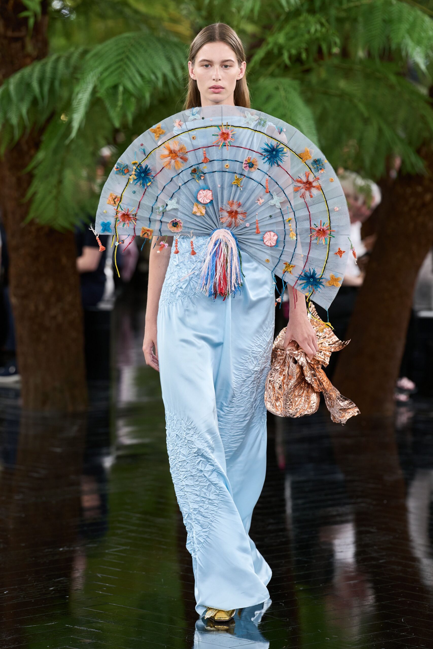 blue silk fitted pleated flowing pants