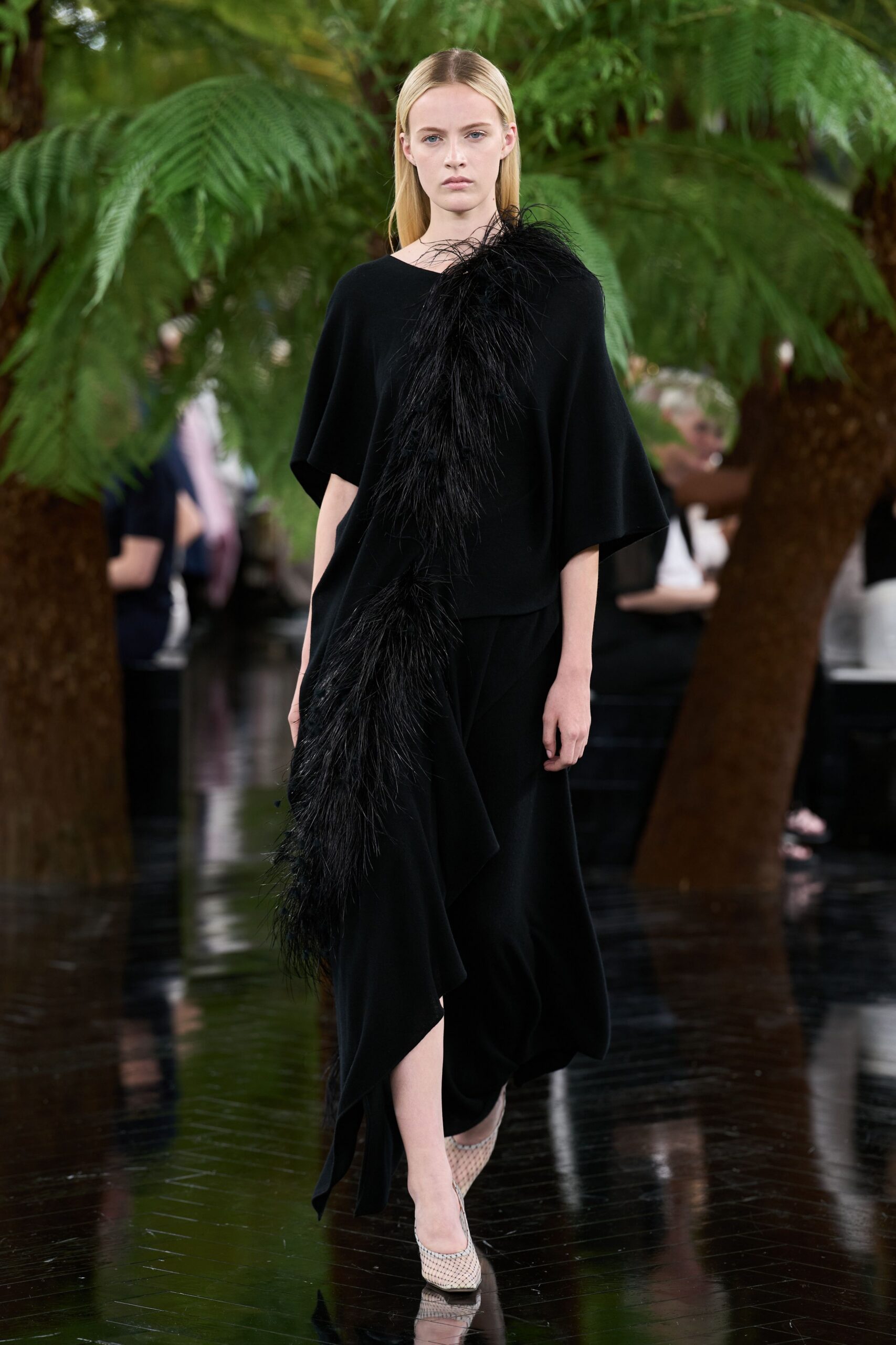 black silk sleeveless v-neck relaxed fringed draped dress