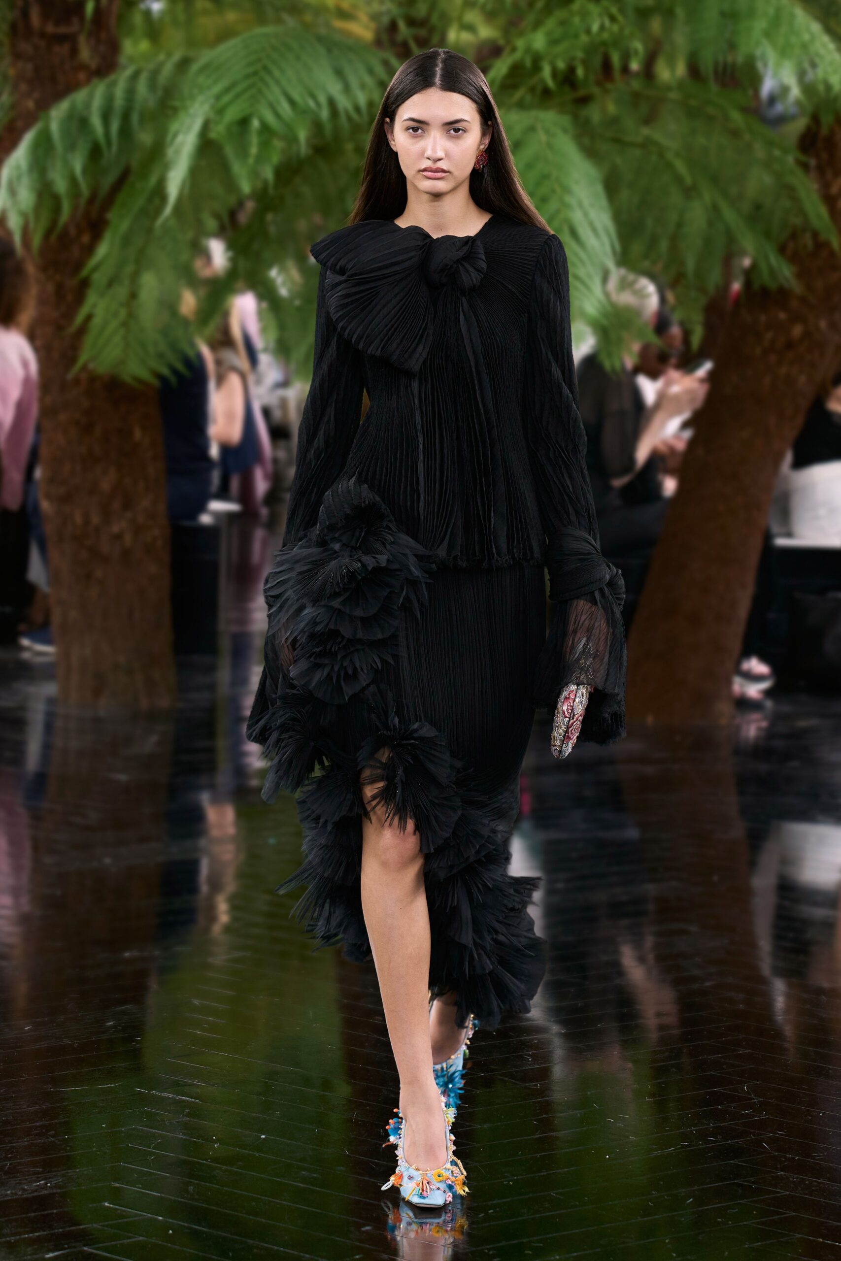 black silk long-sleeve v-neck fitted pleated ruffled dress