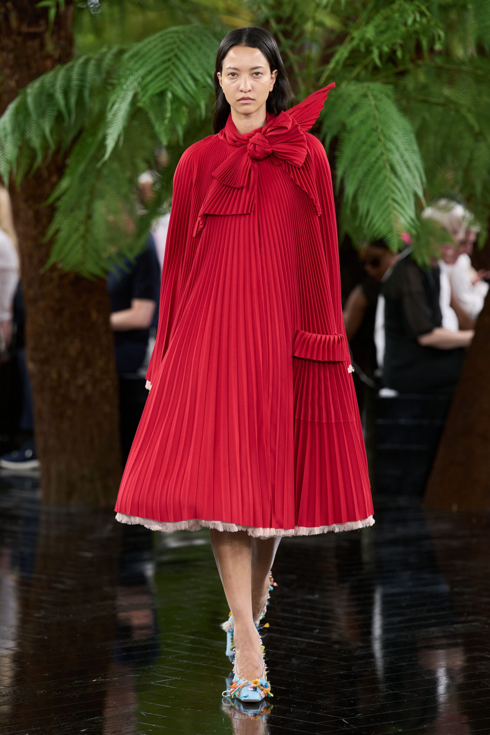 red silk long-sleeve collared fitted pleated belted dress