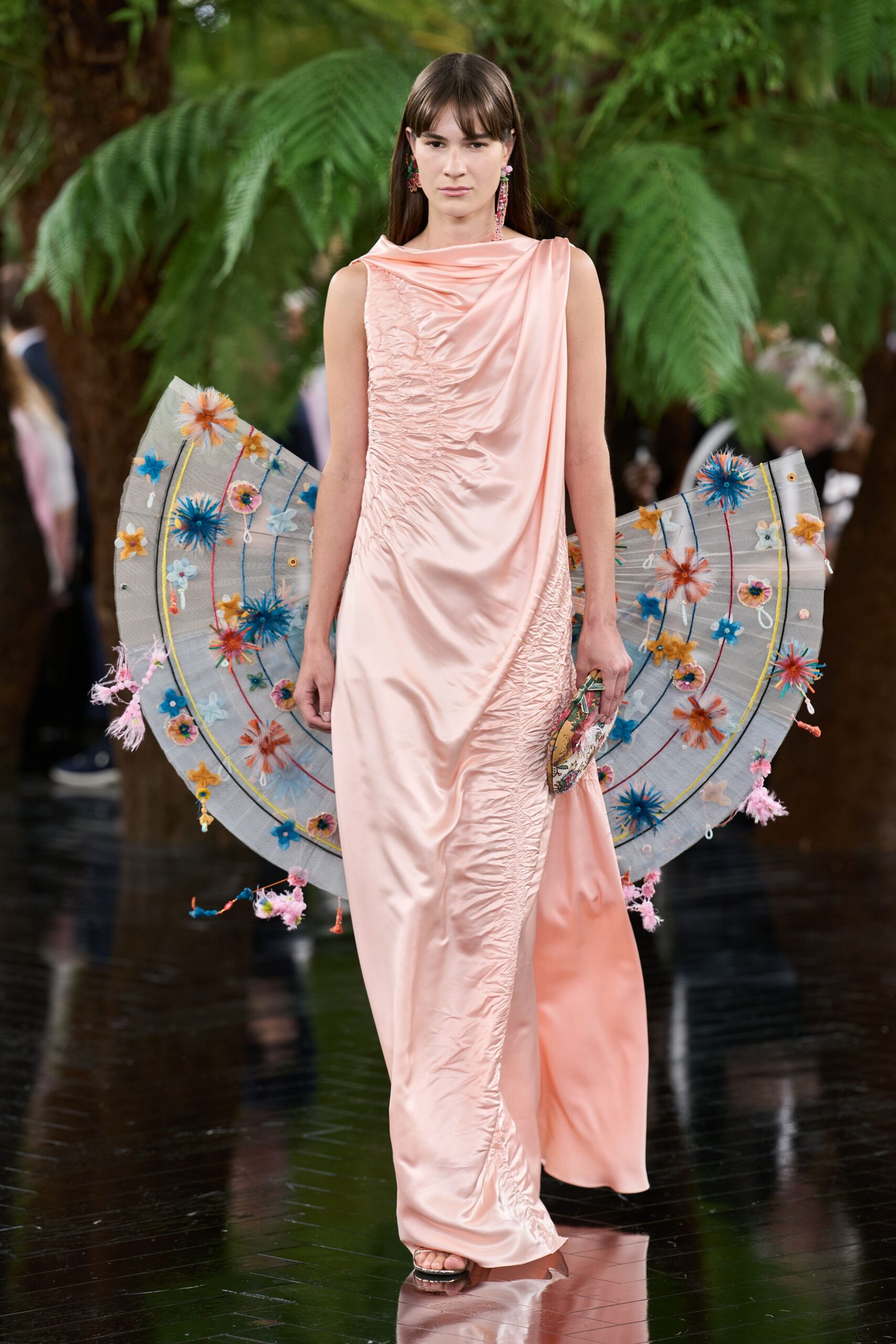 pink silk sleeveless high-neck fitted ruched flowing gown