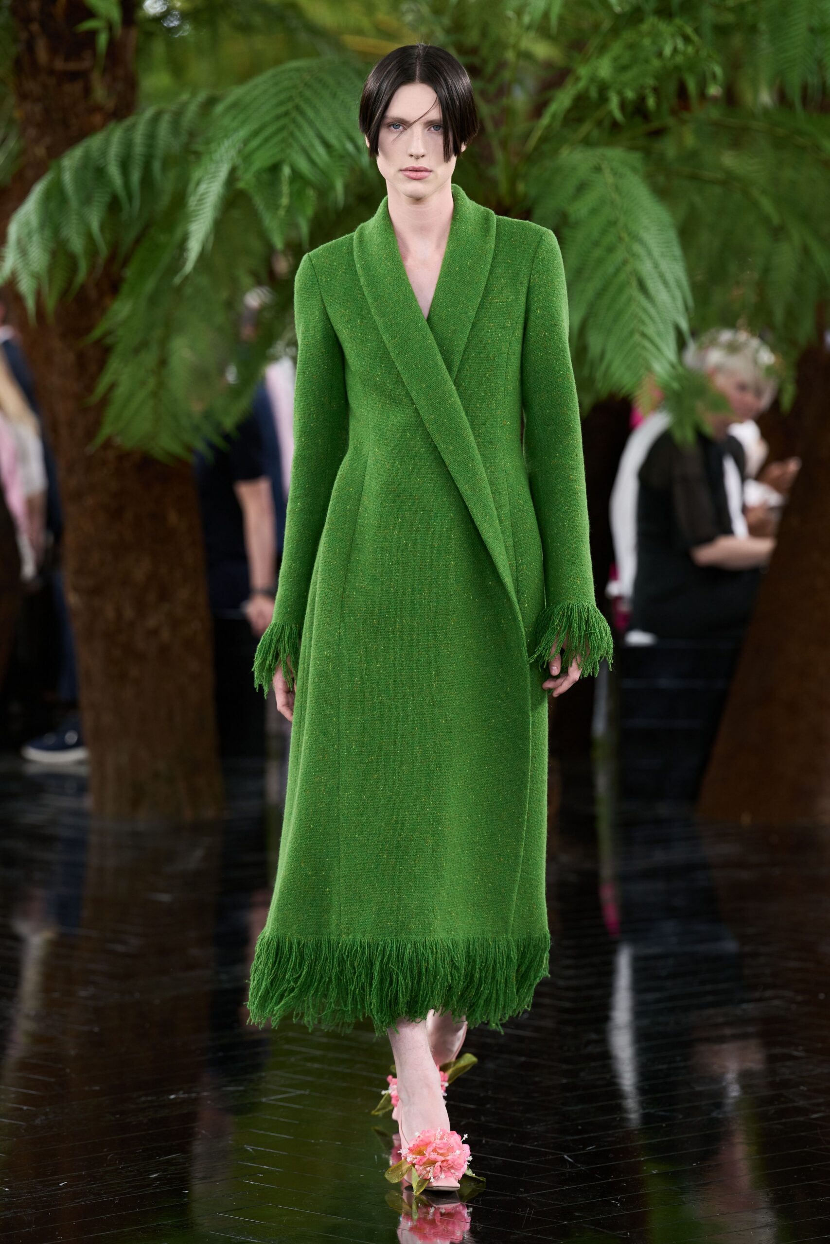 green wool long-sleeve v-neck fitted fringed maxi gown