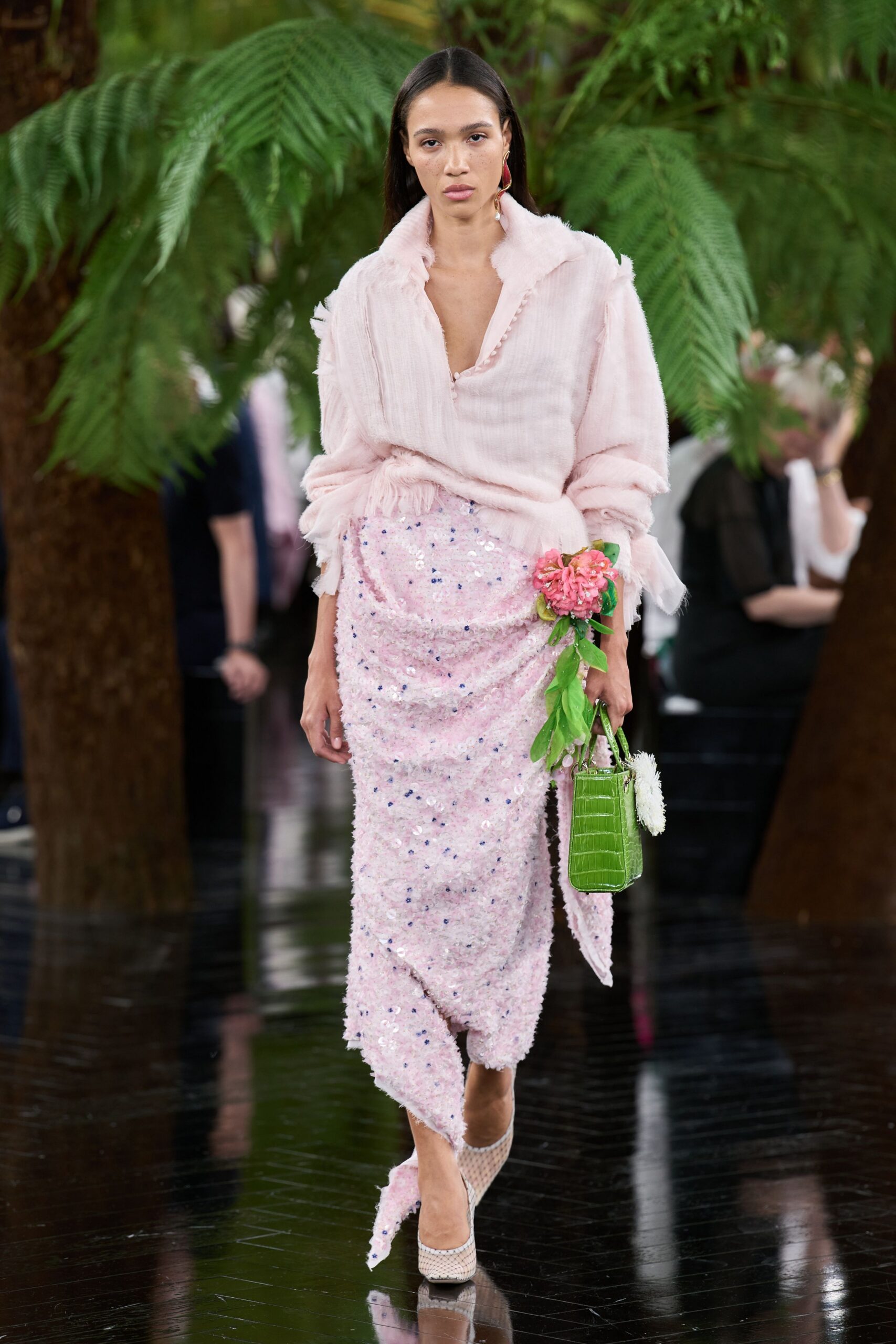 pink silk fitted sequined tiered midi skirt