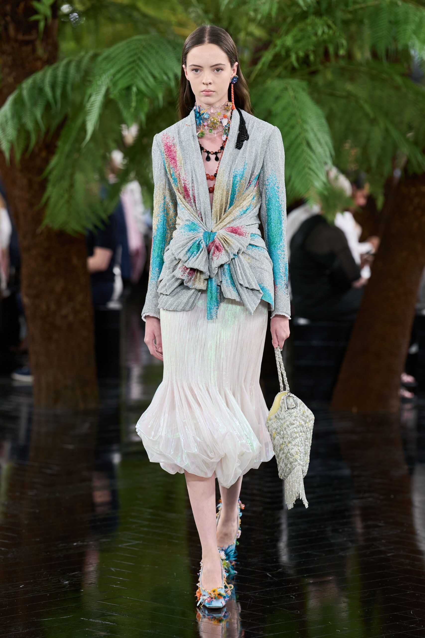 gray silk long-sleeve collared structured pleated layered jacket