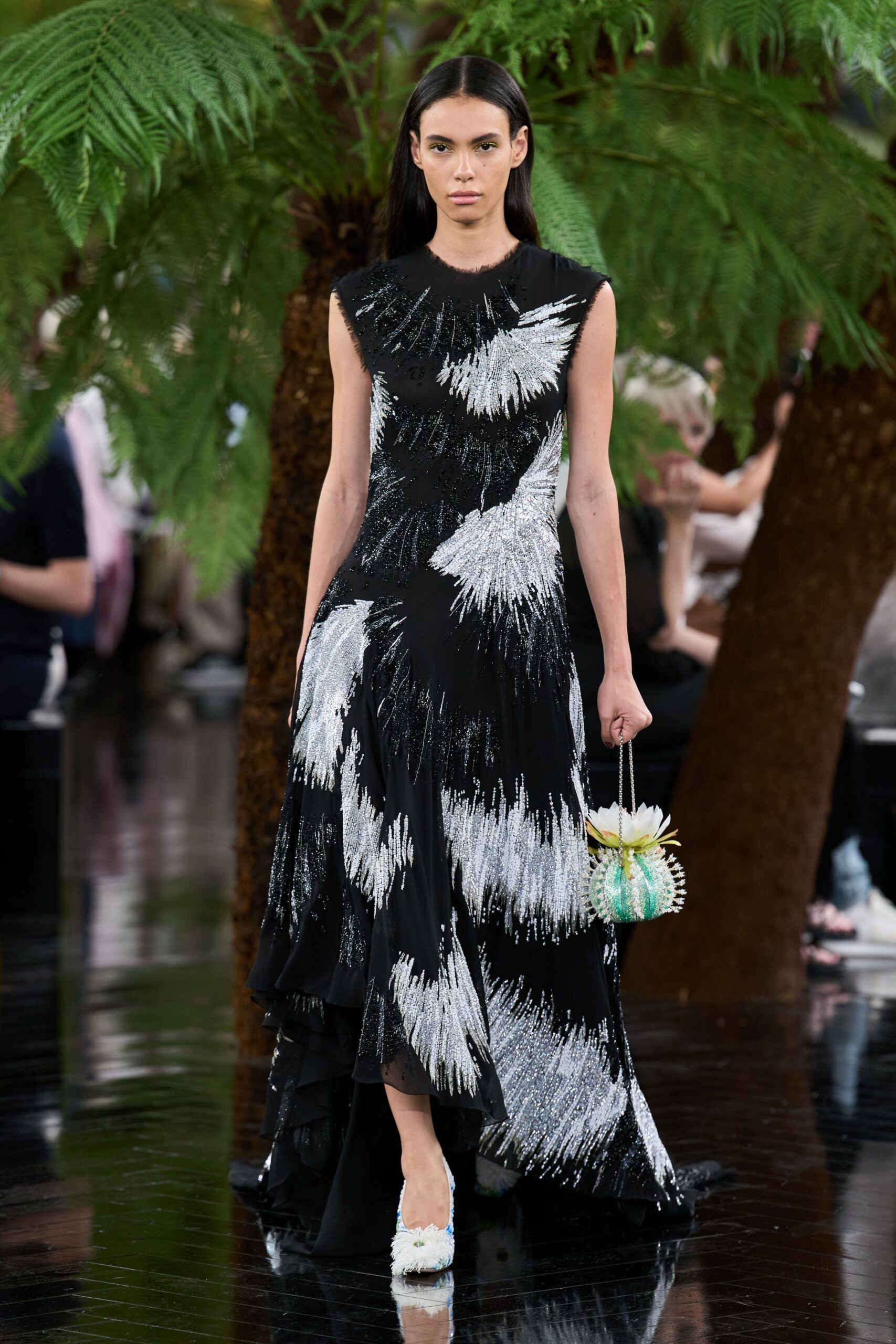 black silk sleeveless high-neck fitted pleated embroidered gown