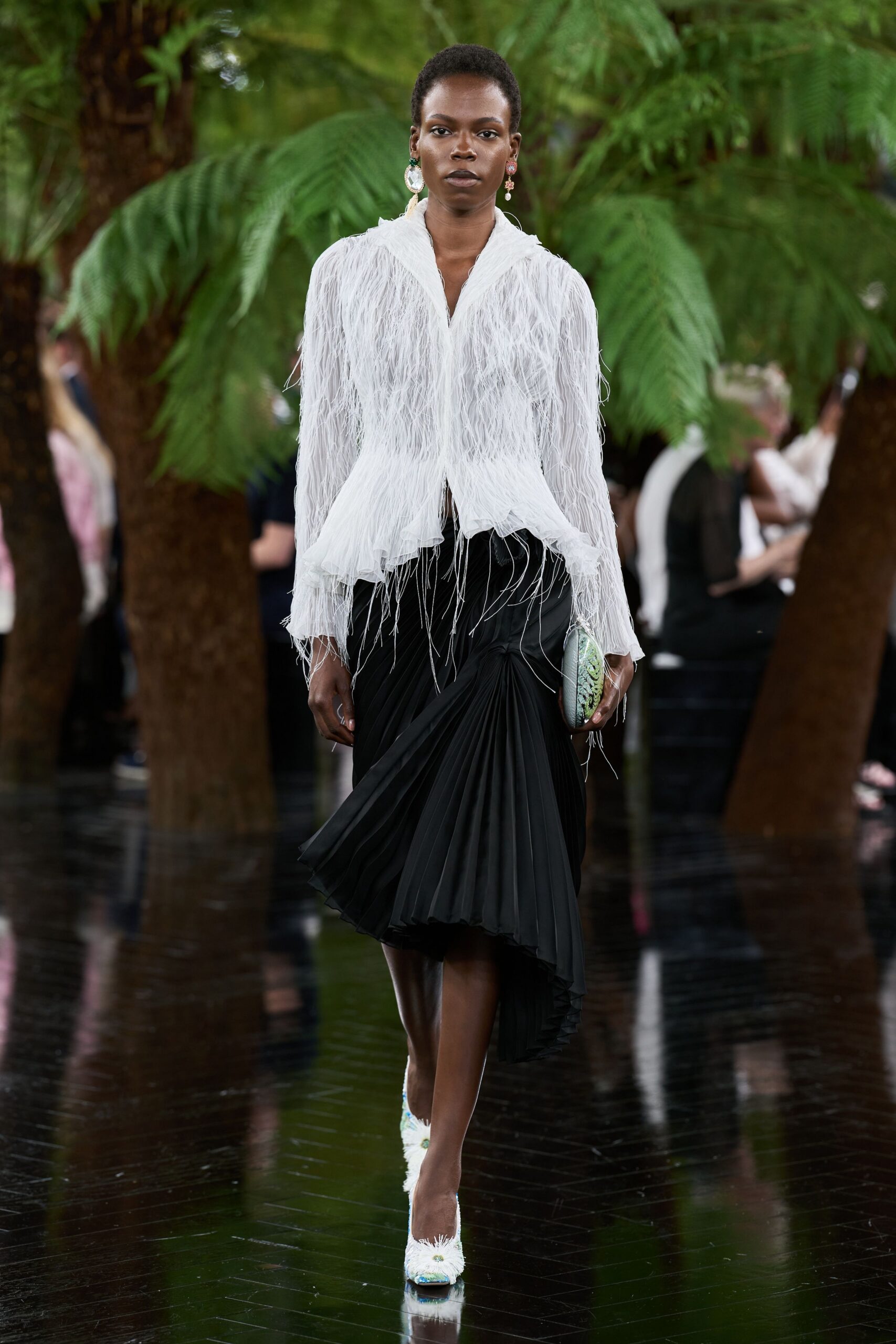 white silk long-sleeve collared fitted fringed blouse