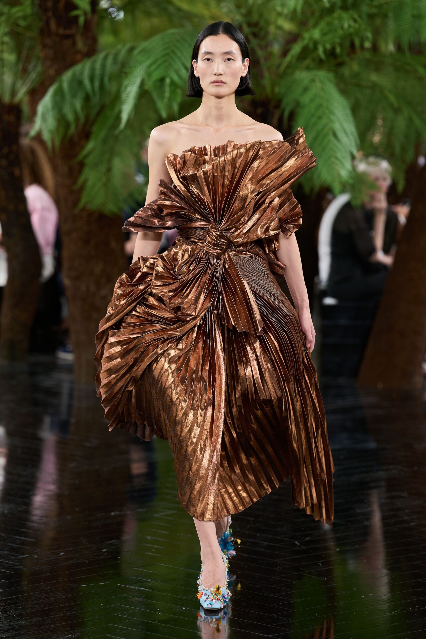 brown silk strapless fitted pleated draped shiny dress